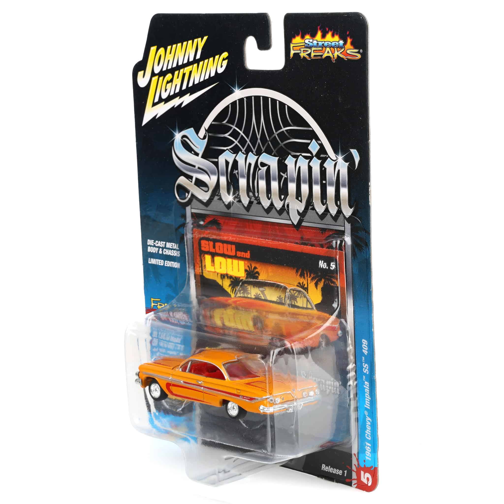 1/64 1961 Chevrolet Impala SS 409, Metallic Yellow & Red, Johnny Lightning Scrapin' - Image 3