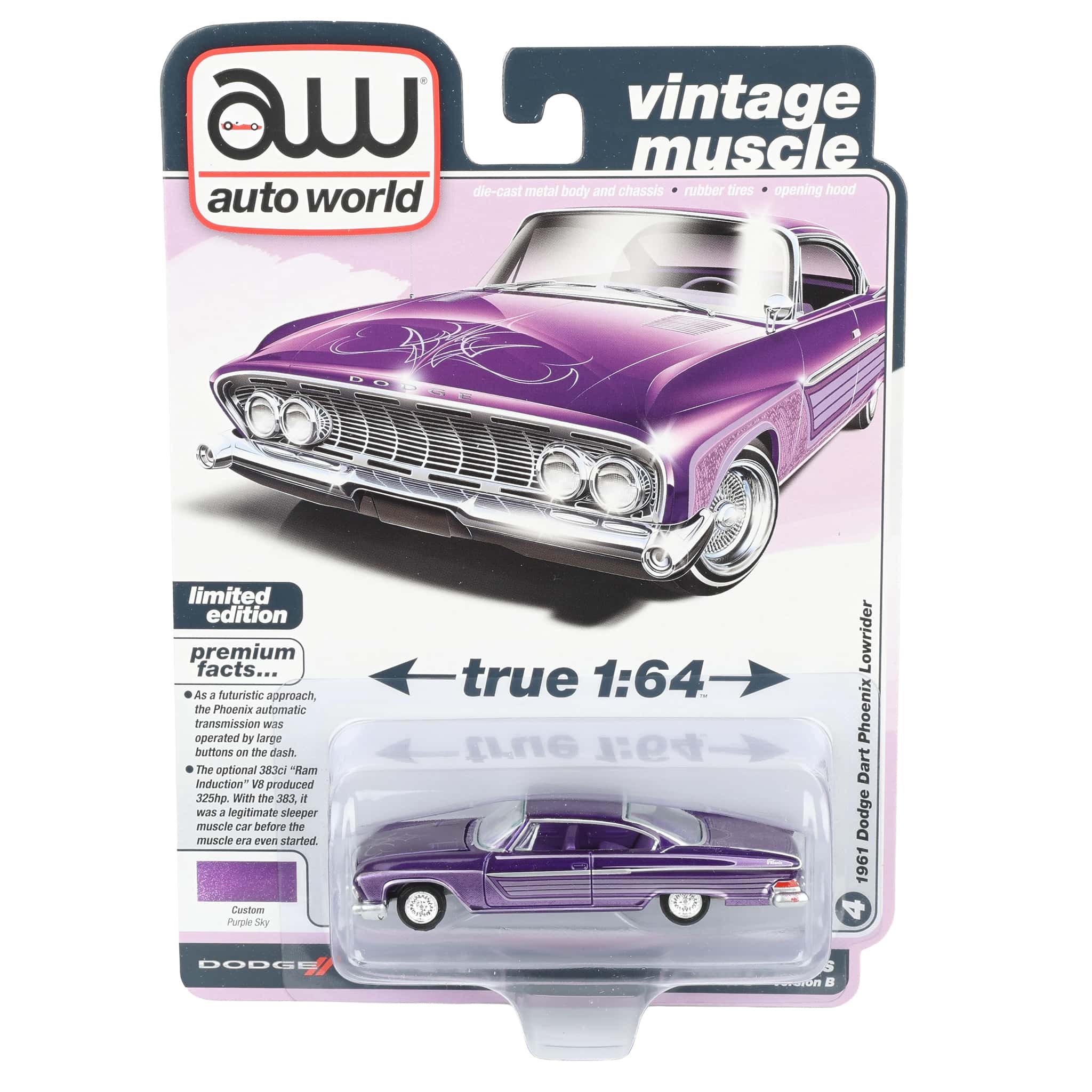 1/64 1961 Dodge Dart Phoenix Lowrider, Purple Sky, Auto World Vintage Muscle