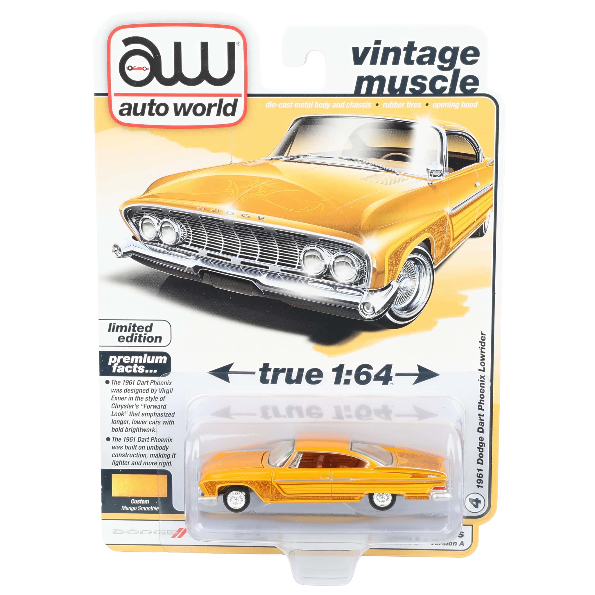 1/64 1961 Dodge Dart Phoenix Lowrider, Mango Smoothie, Auto World Vintage Muscle