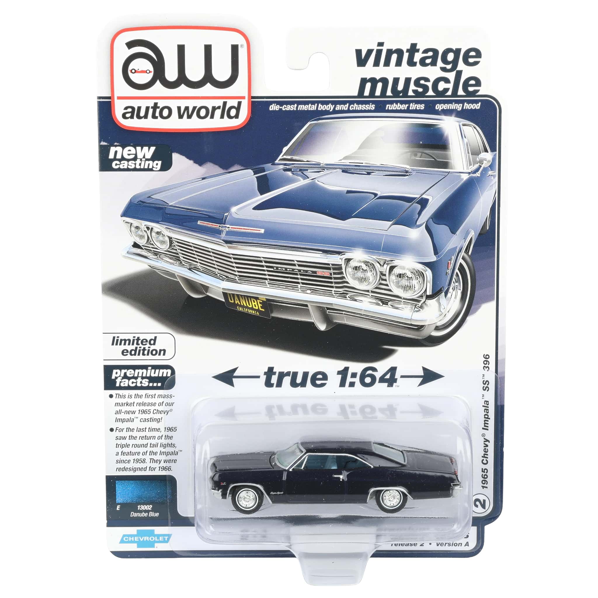 1/64 1965 Chevy Impala SS 396, Danube Blue, Auto World Vintage Muscle