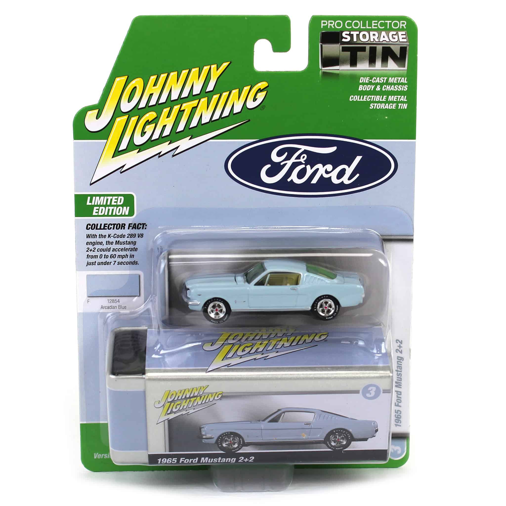 1/64 1965 Ford Mustang Fastback, Arcadian Blue, Johnny Lightning Collector Tin Series 16 - Image 3
