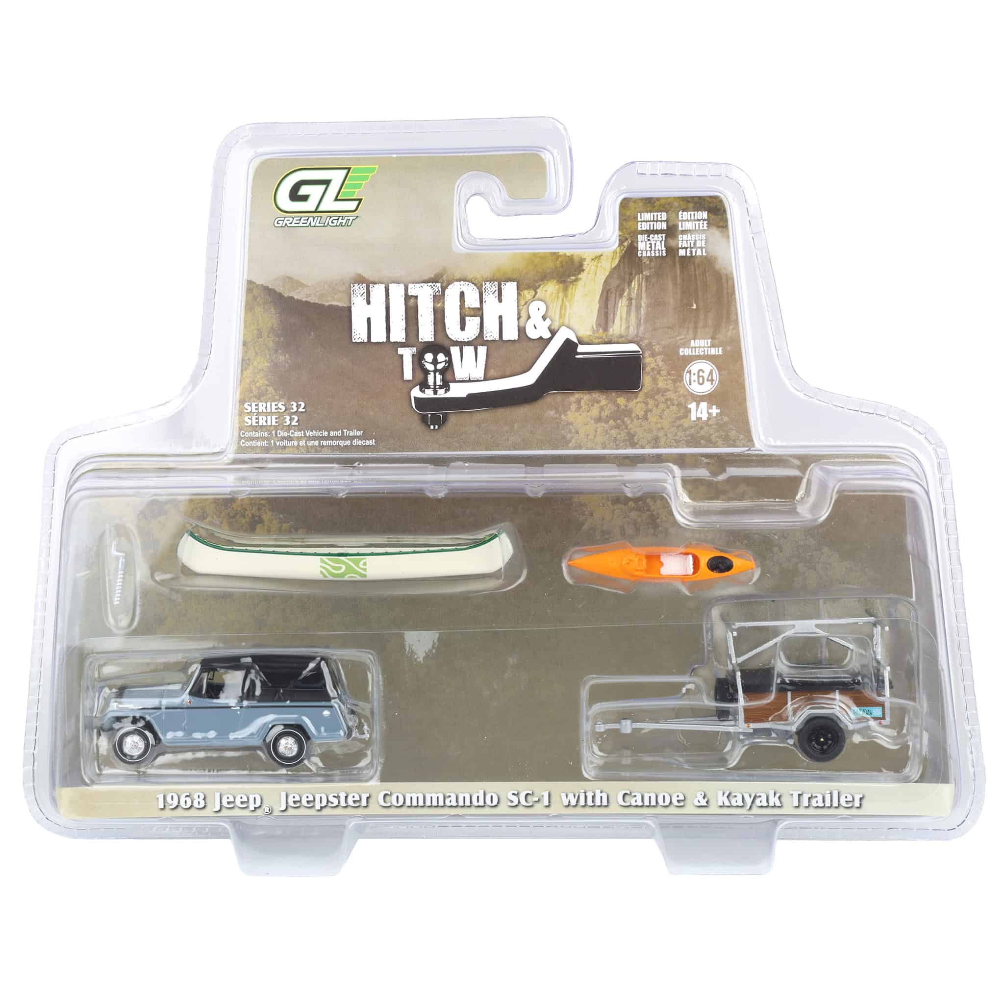 1/64 1968 Jeep Jeepster Commando SC-1 with Canoe Trailer, Gray, Hitch & Tow Series 32 - Image 9