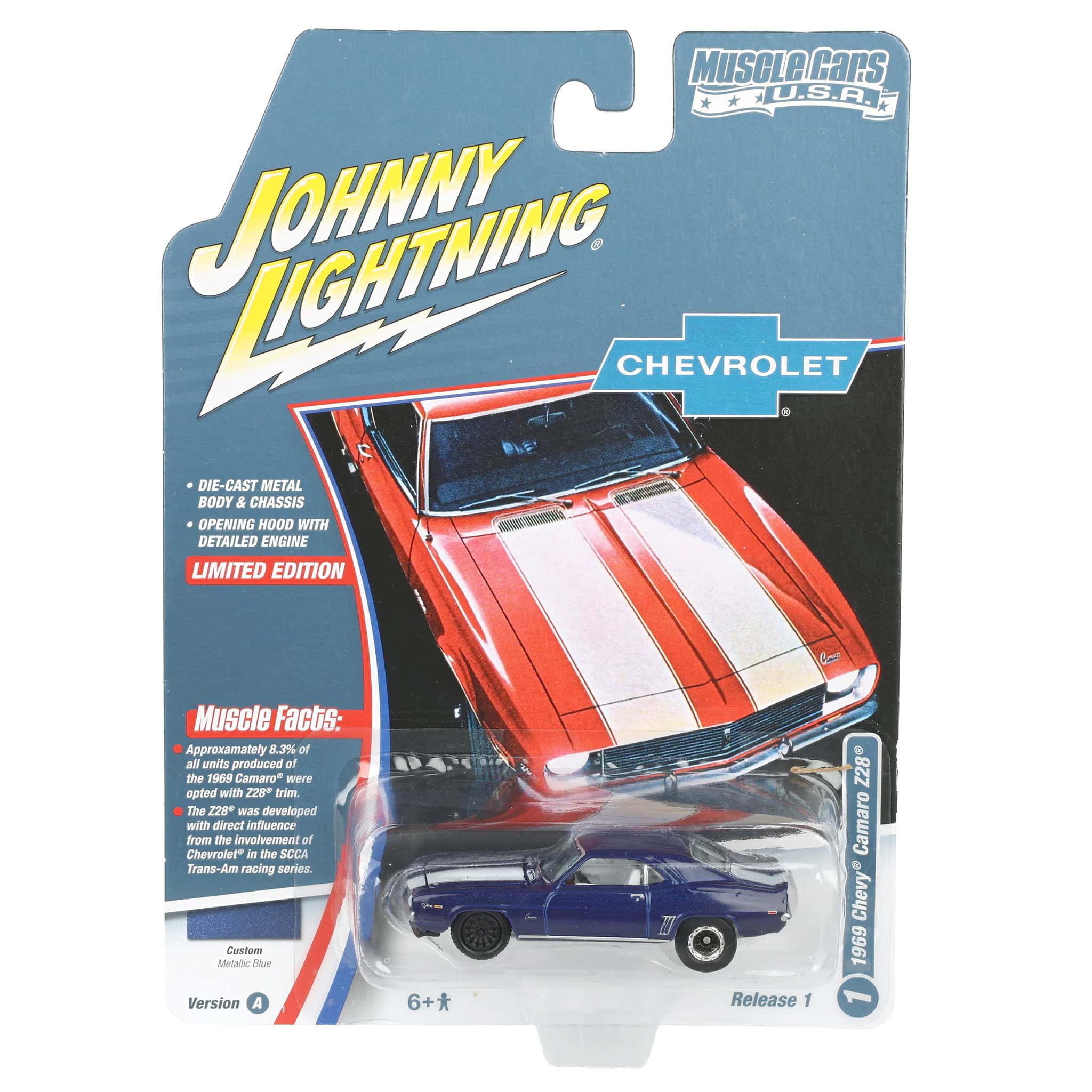 1/64 1969 Chevrolet Camaro Z28, Metallic Blue with White Stripes, Johnny Lightning Muscle Car Series - Image 2