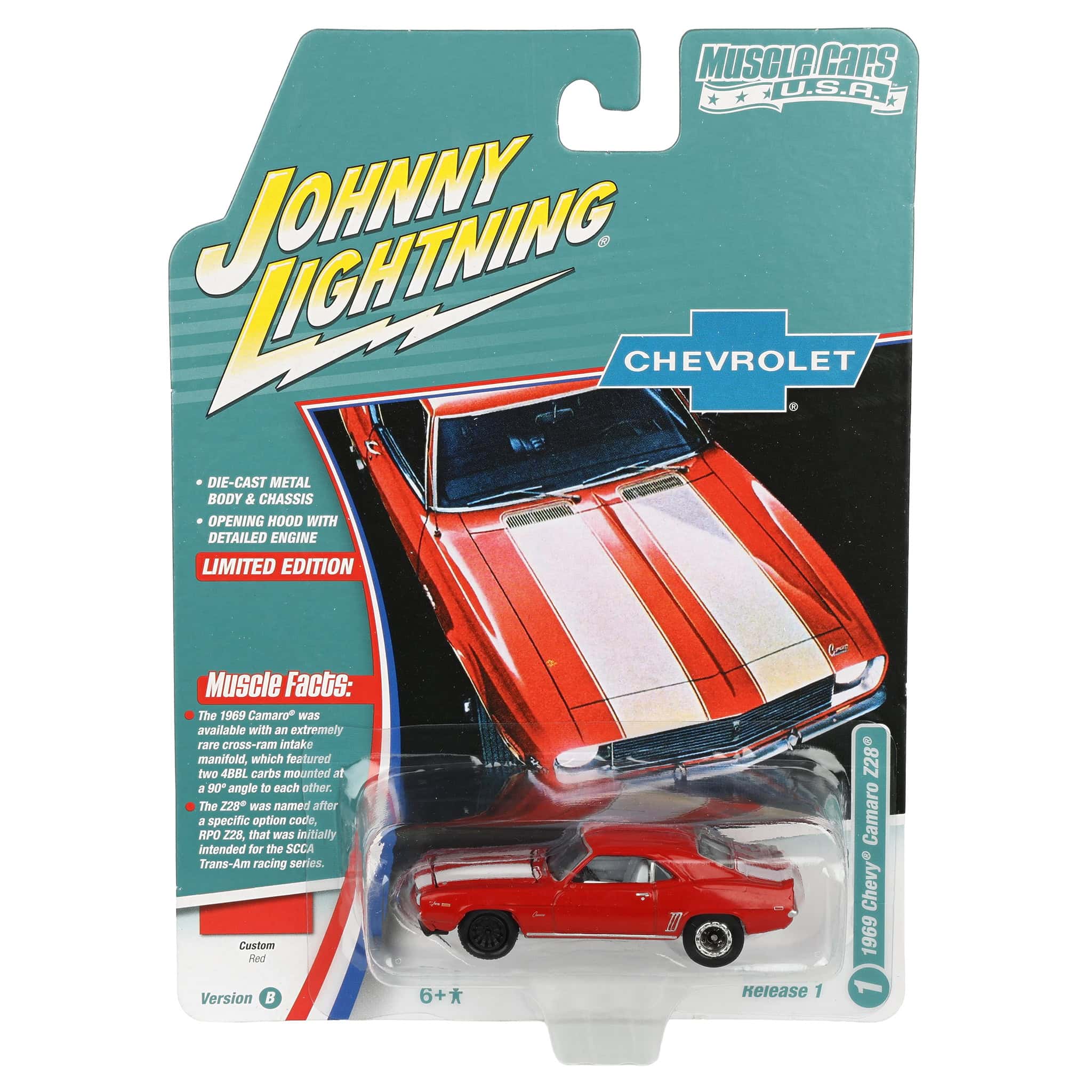 1/64 1969 Chevrolet Camaro Z28, Red with White Stripes, Johnny Lightning Muscle Car Series - Image 2