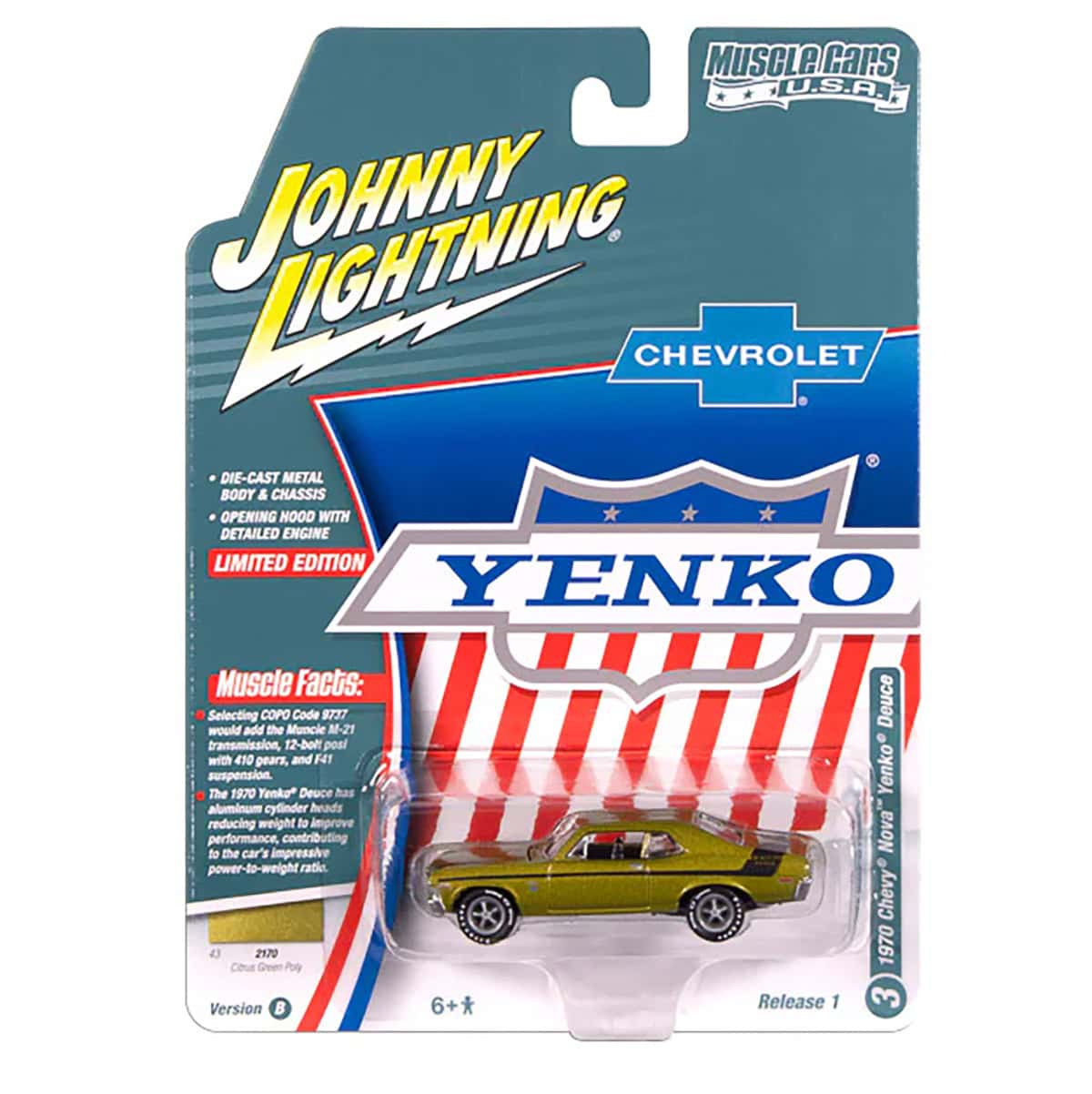 1/64 1970 Yenko Chevrolet Nova, Citrus Green Poly with Black Stripes, Johnny Lightning Muscle Car Series - Image 2