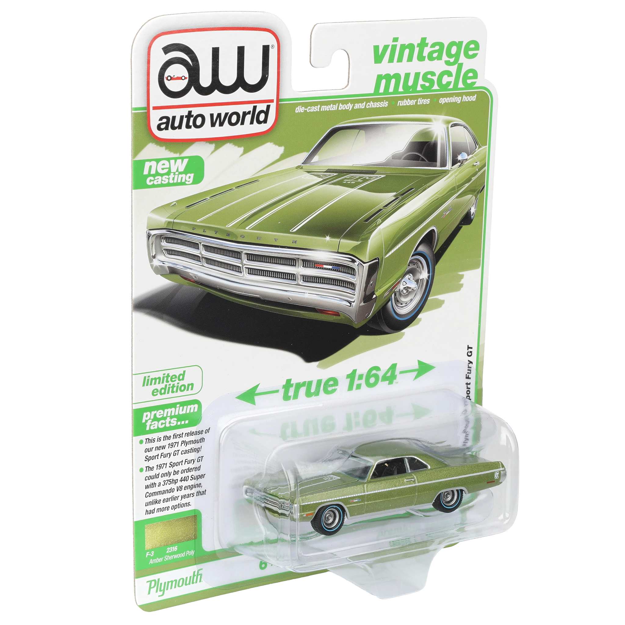 1/64 1971 Plymouth Sport Fury GT, Amber Sherwood Poly, Auto World Vintage Muscle Series - Image 2