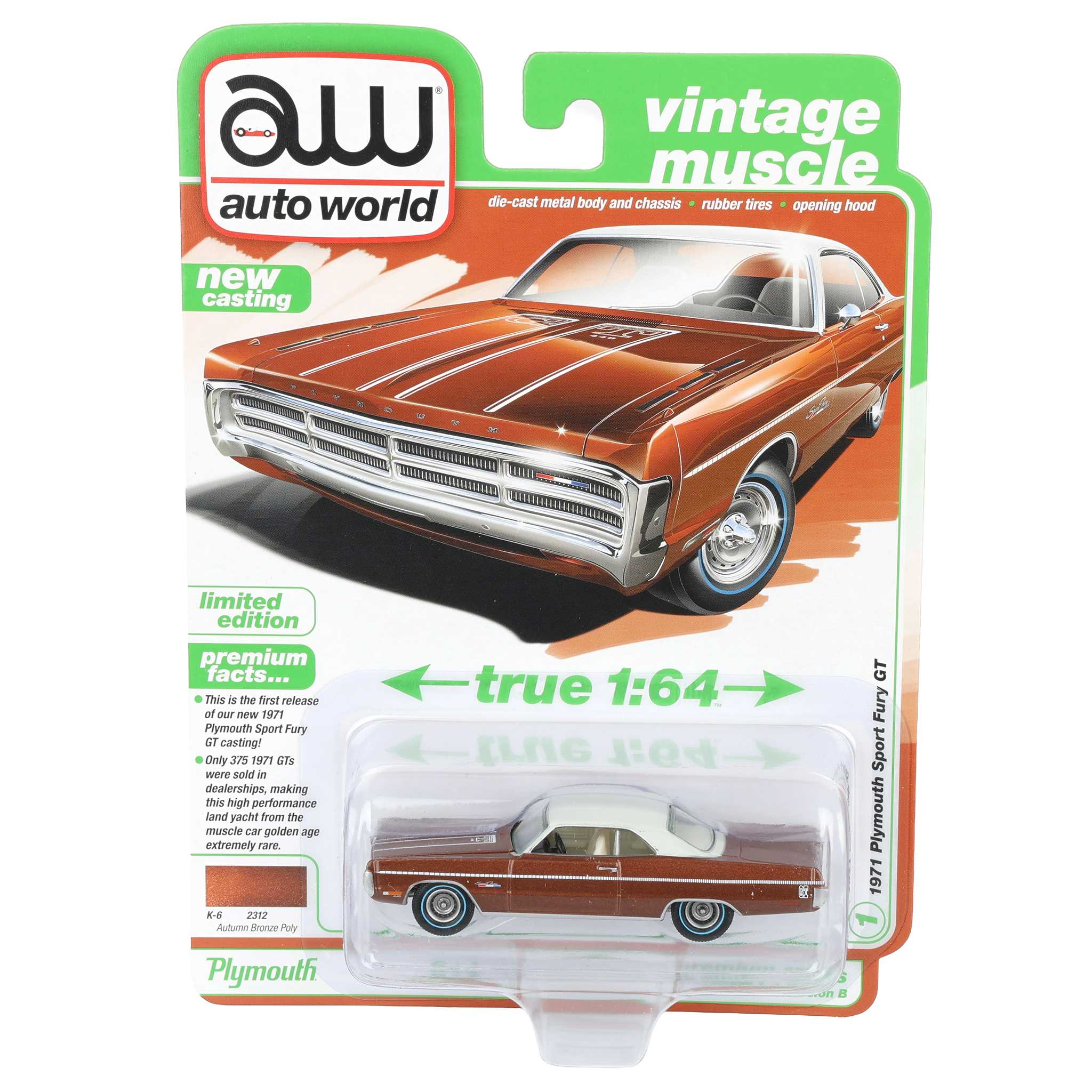 1/64 1971 Plymouth Sport Fury GT, Autumn Bronze Poly, Auto World Vintage Muscle Series