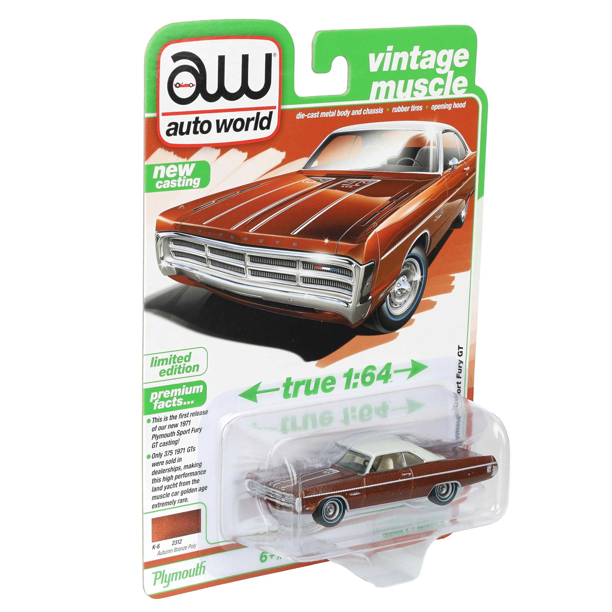 1/64 1971 Plymouth Sport Fury GT, Autumn Bronze Poly, Auto World Vintage Muscle Series - Image 2