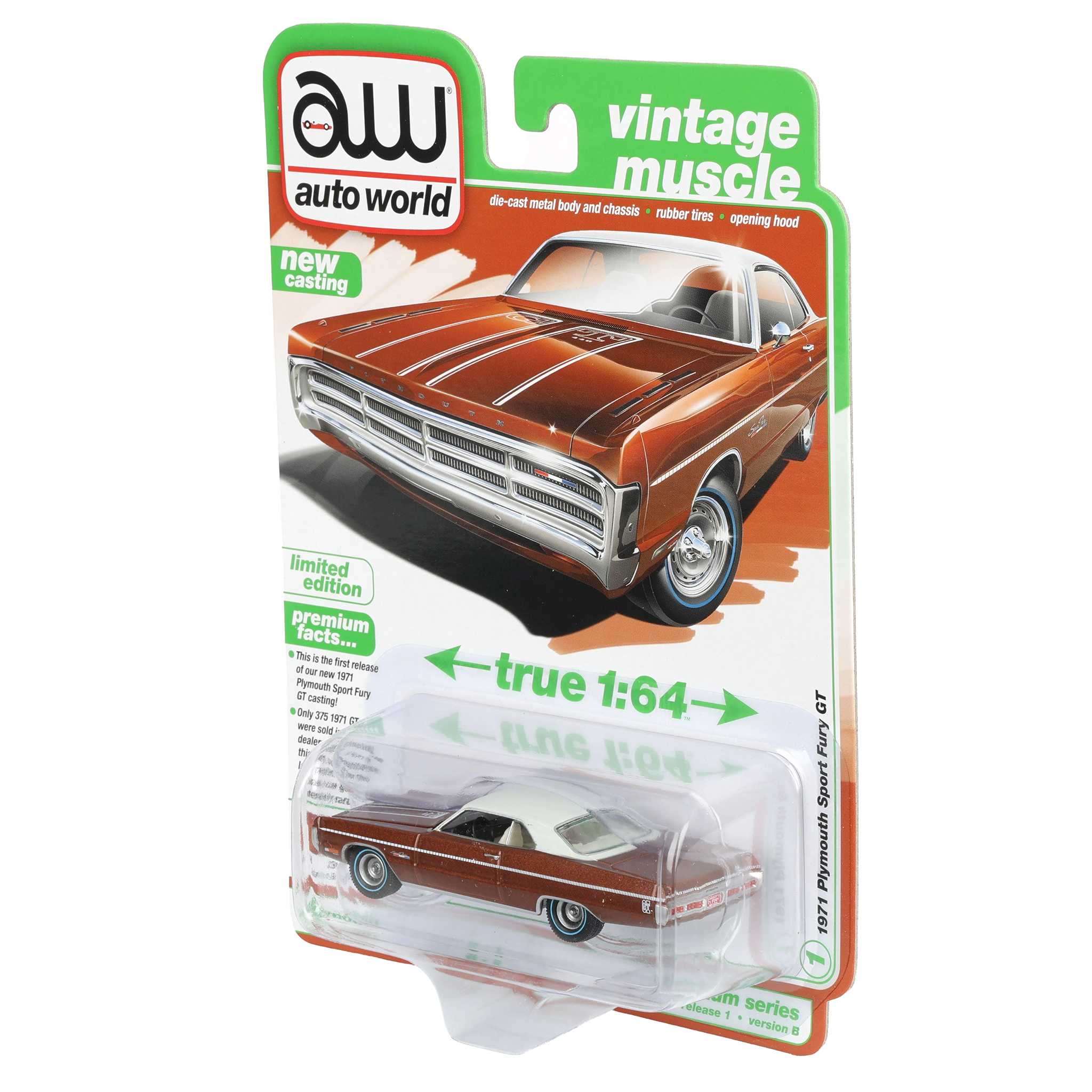 1/64 1971 Plymouth Sport Fury GT, Autumn Bronze Poly, Auto World Vintage Muscle Series - Image 3