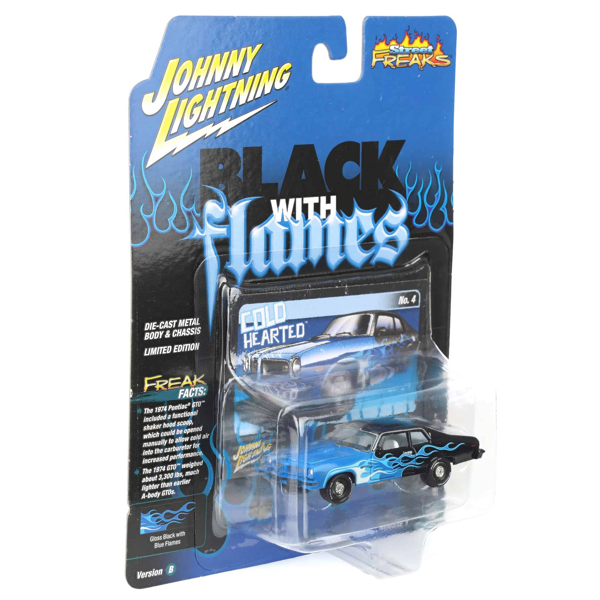1/64 1974 Pontiac GTO, Black with Blue Flames, Johnny Lightning - Image 2