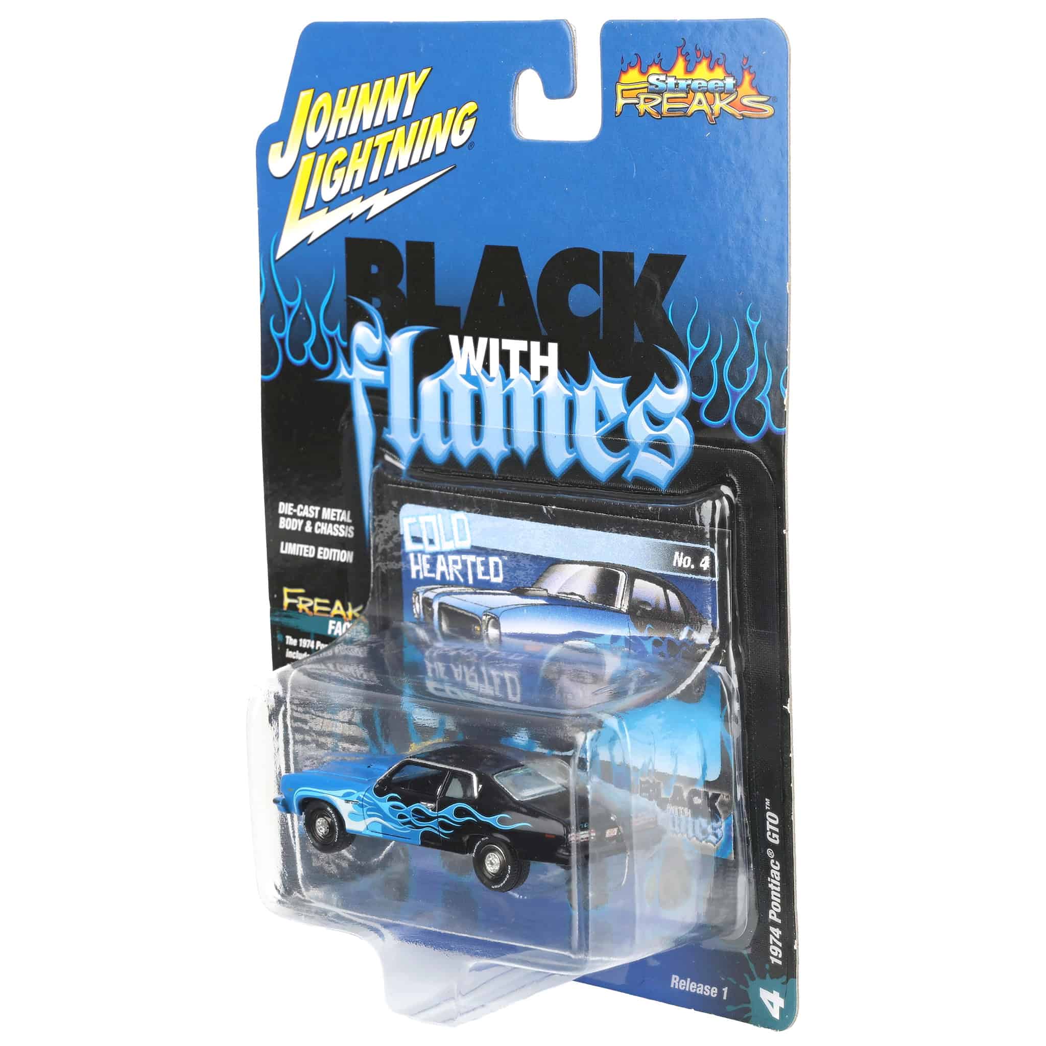 1/64 1974 Pontiac GTO, Black with Blue Flames, Johnny Lightning - Image 3