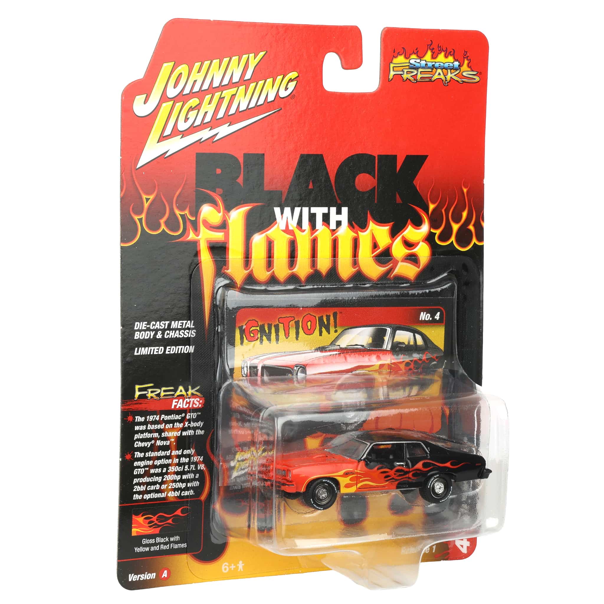 1/64 1974 Pontiac GTO, Black with Red Orange & Yellow Flames, Johnny Lightning - Image 2