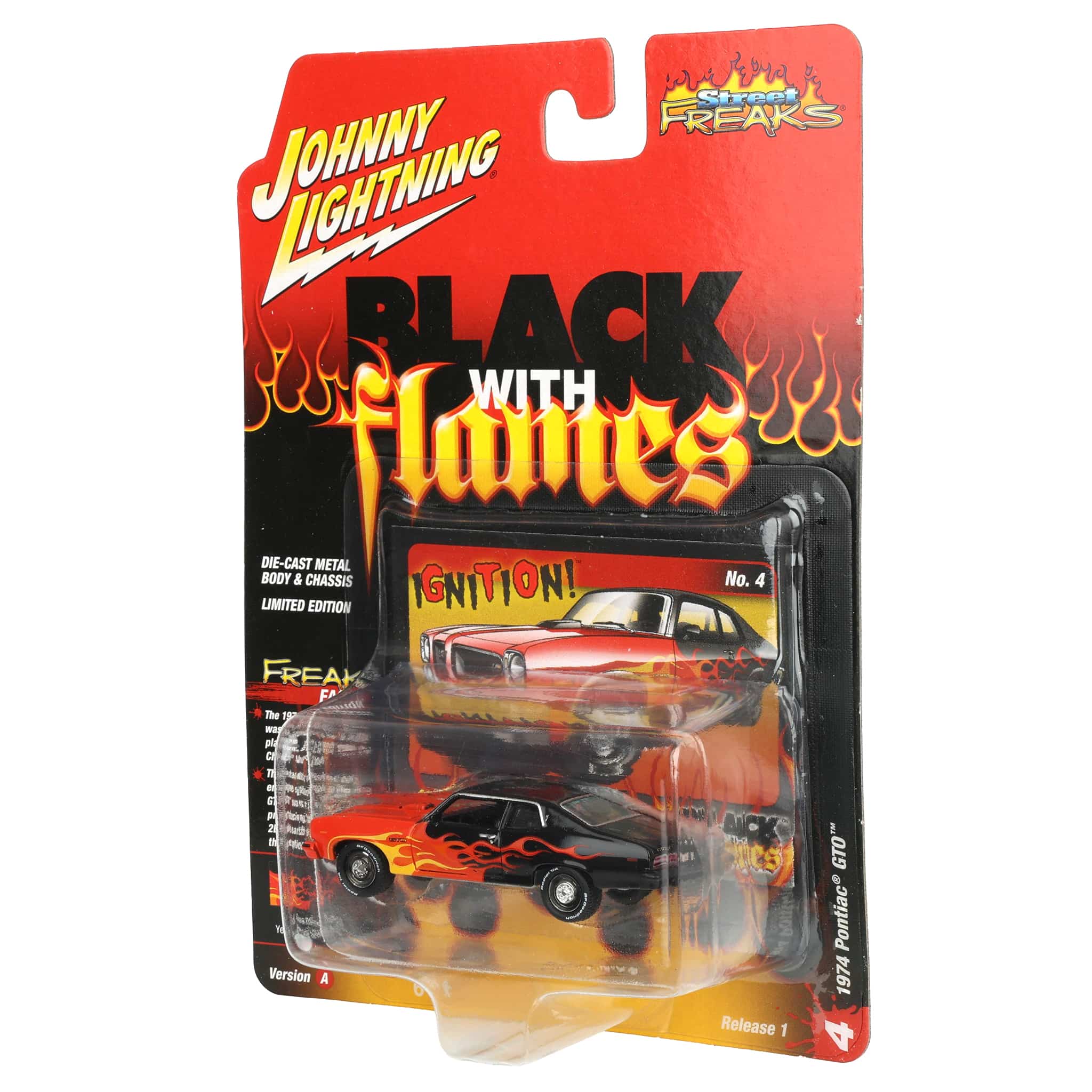 1/64 1974 Pontiac GTO, Black with Red Orange & Yellow Flames, Johnny Lightning - Image 3