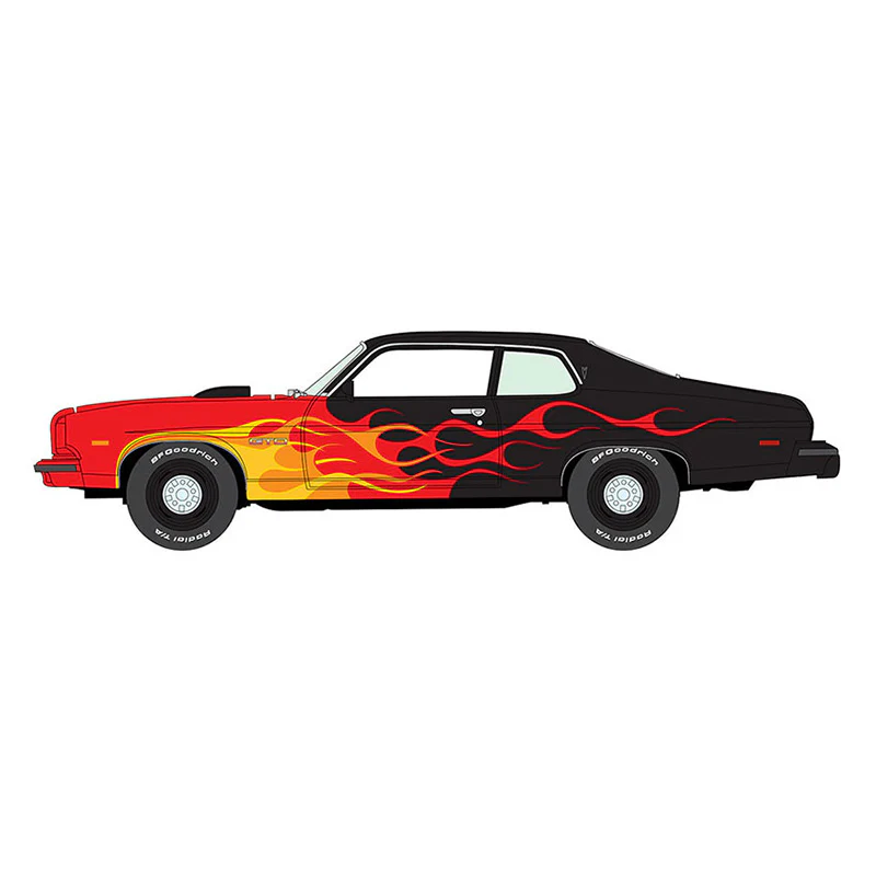 1/64 1974 Pontiac GTO, Black with Red Orange & Yellow Flames, Johnny Lightning - Image 4