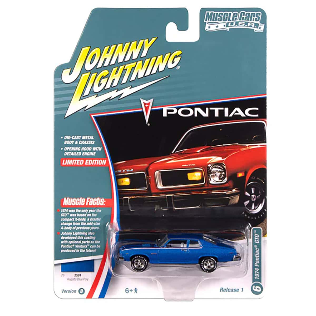 1/64 1974 Pontiac GTO, Regatta Blue Ploy, Johnny Lightning Muscle Car Series - Image 2