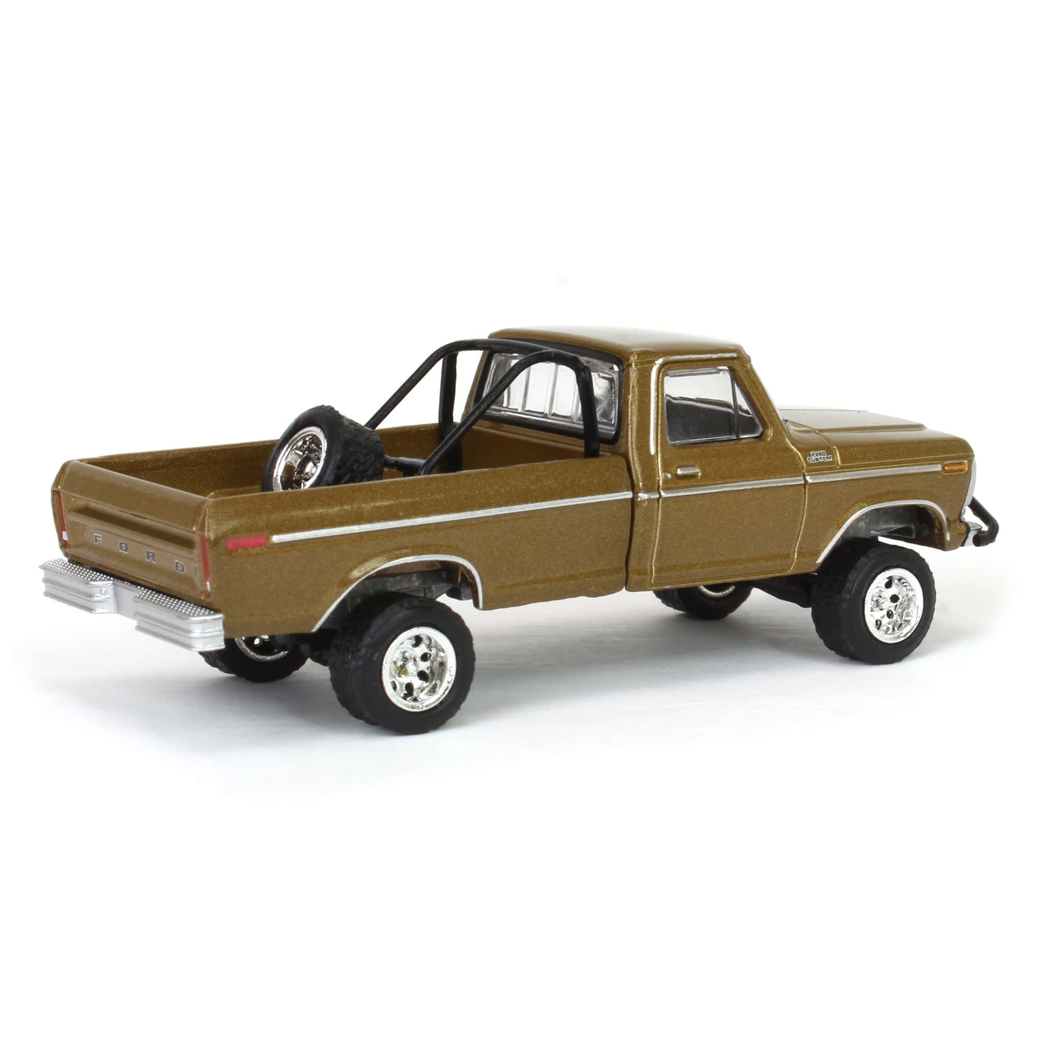 1/64 1979 Ford F250 Ranger Lifted with Rollbar Mounted Spare Tire, Gold Metallic, All-Terrain Series 16 - Image 4