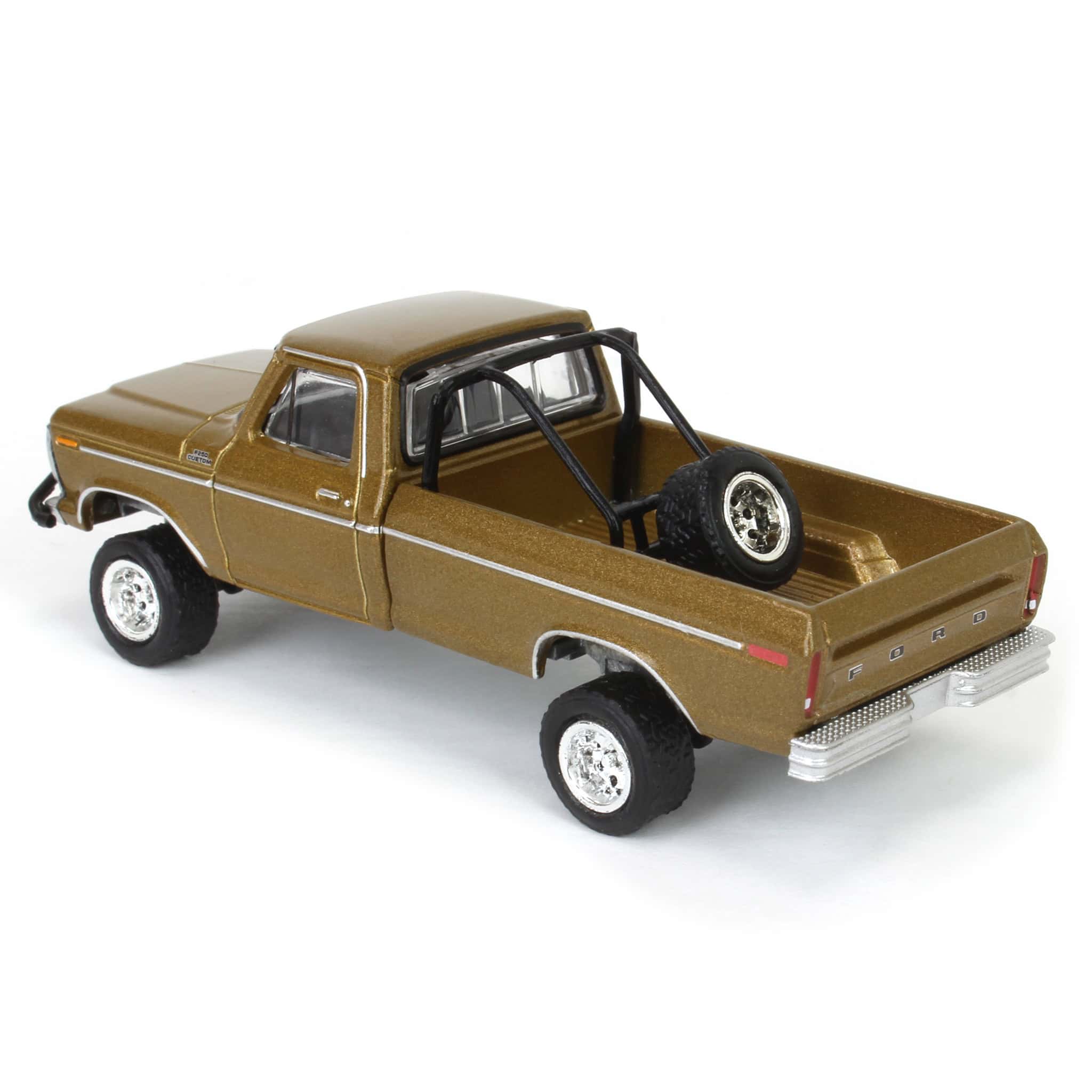 1/64 1979 Ford F250 Ranger Lifted with Rollbar Mounted Spare Tire, Gold Metallic, All-Terrain Series 16 - Image 5