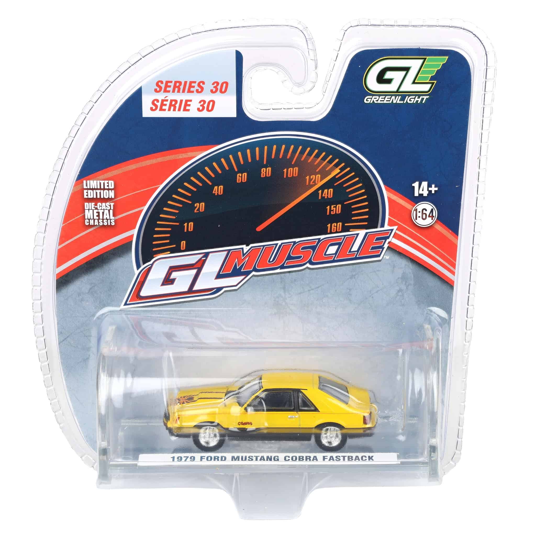 1/64 1979 Ford Mustang Cobra Fastback, Bright Yellow with Cobra Graphics & Stripes, GreenLight Muscle Series 30 - Image 7