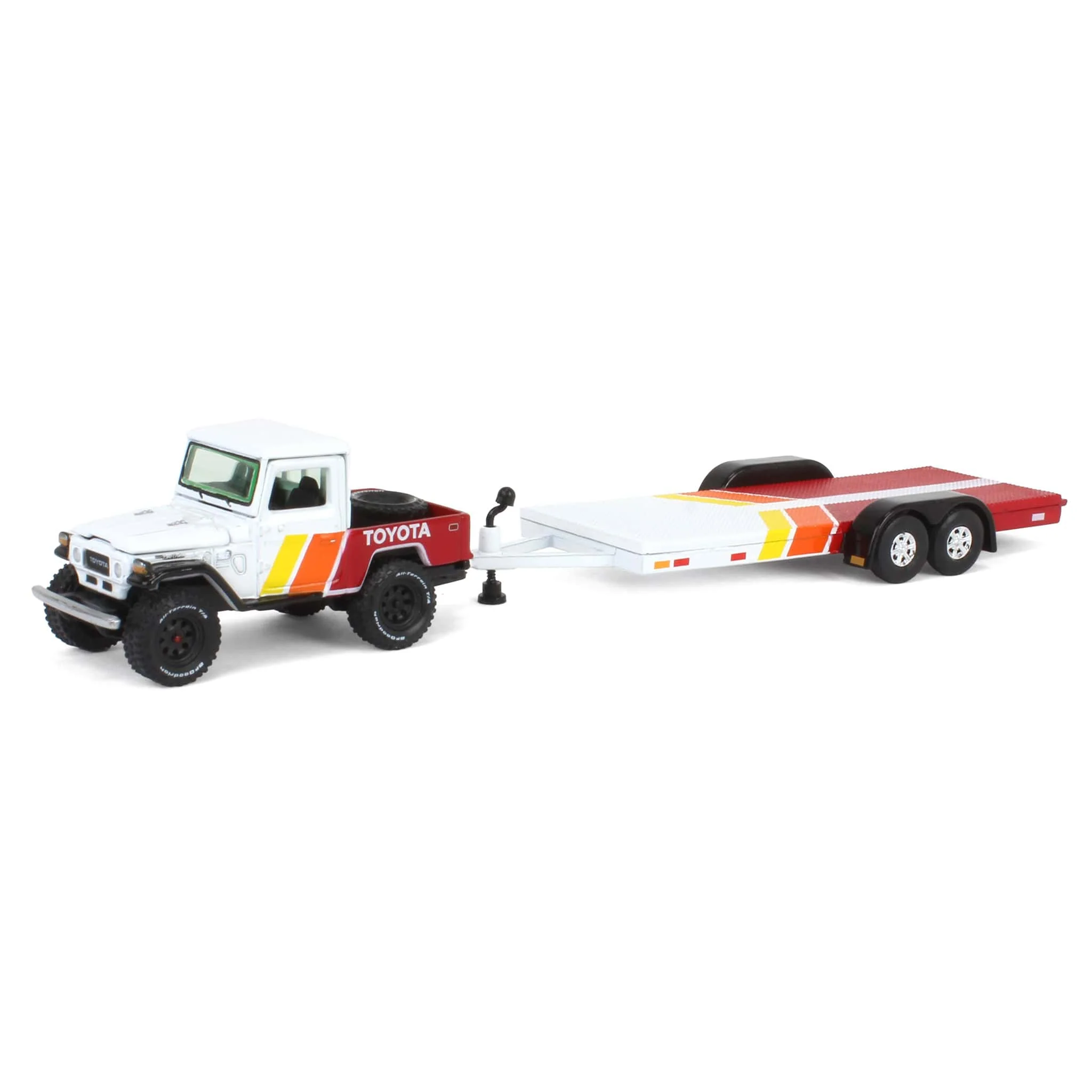 1/64 1980 Toyota Land Cruiser with Open Car Trailer in White with Custom Toyota Deco, Johnny Lightning