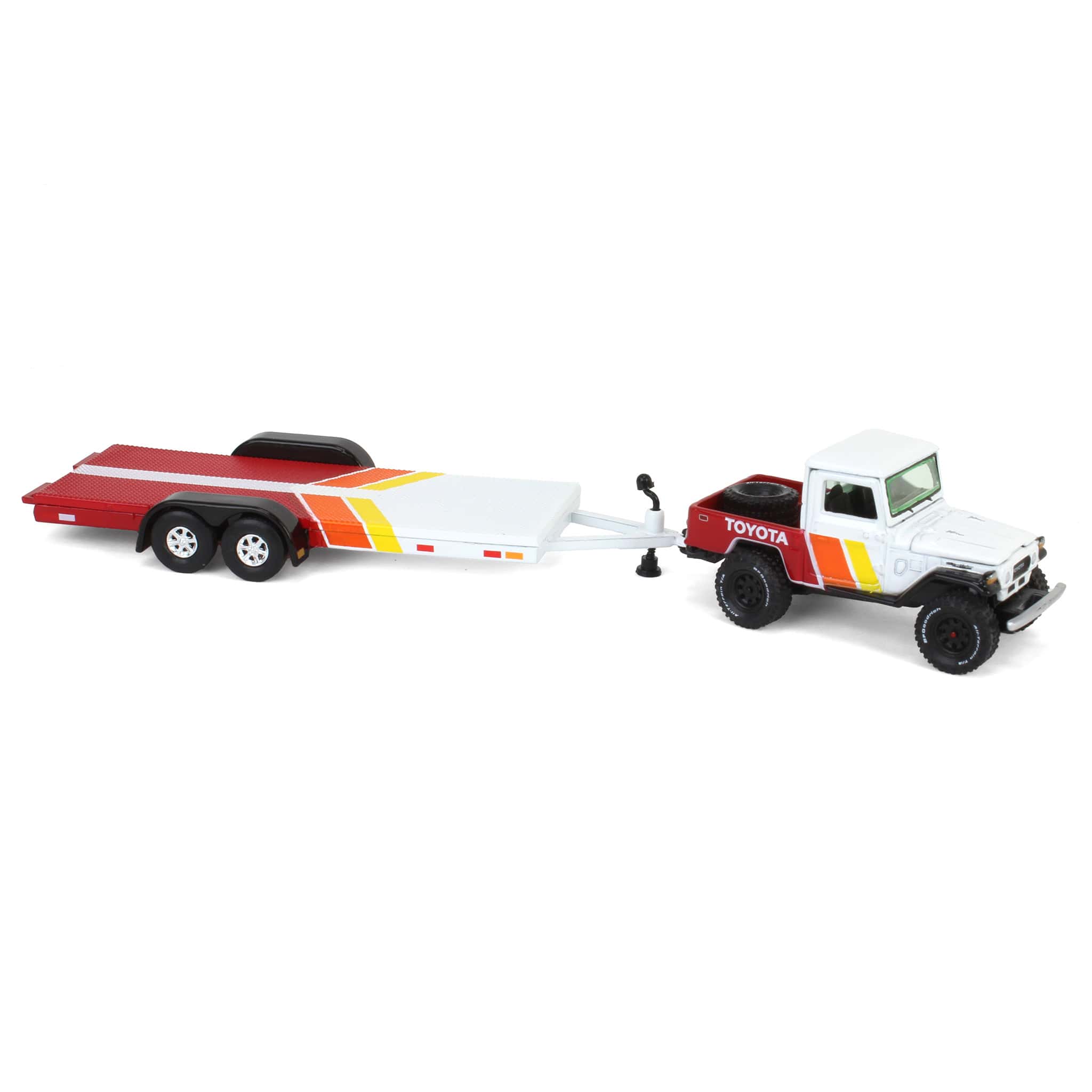 1/64 1980 Toyota Land Cruiser with Open Car Trailer in White with Custom Toyota Deco, Johnny Lightning - Image 2