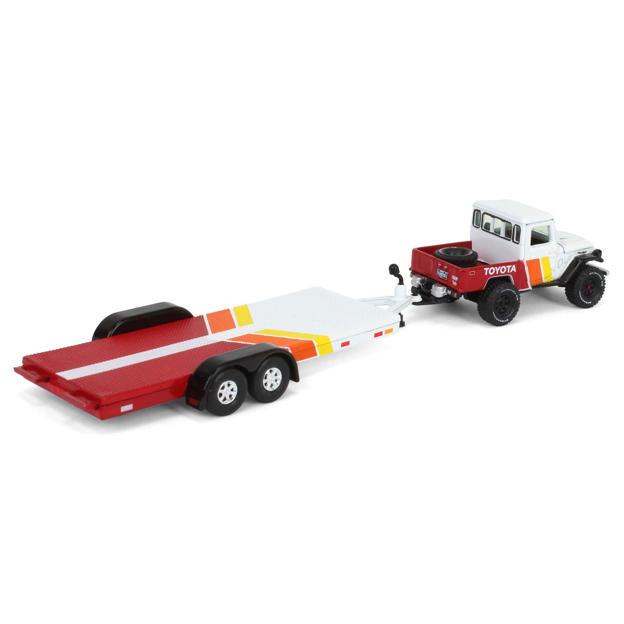 1/64 1980 Toyota Land Cruiser with Open Car Trailer in White with Custom Toyota Deco, Johnny Lightning - Image 3
