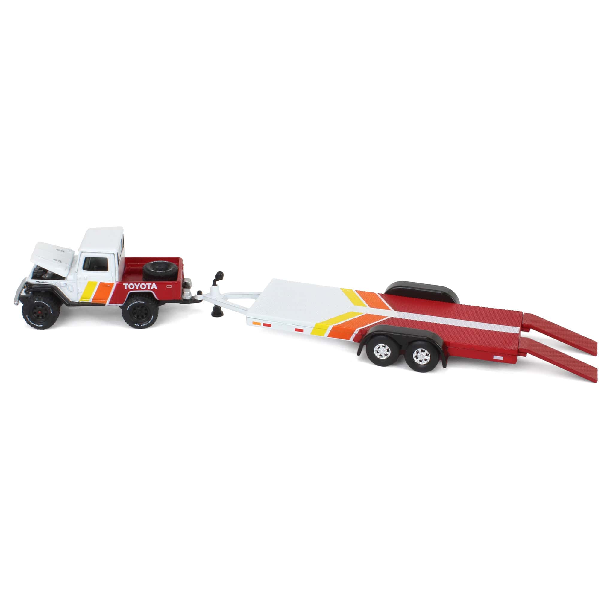 1/64 1980 Toyota Land Cruiser with Open Car Trailer in White with Custom Toyota Deco, Johnny Lightning - Image 4