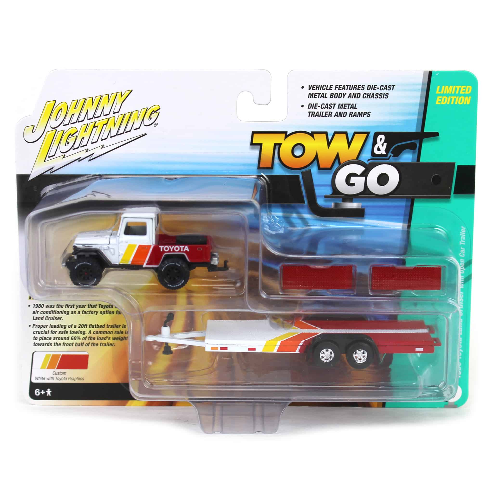 1/64 1980 Toyota Land Cruiser with Open Car Trailer in White with Custom Toyota Deco, Johnny Lightning - Image 5