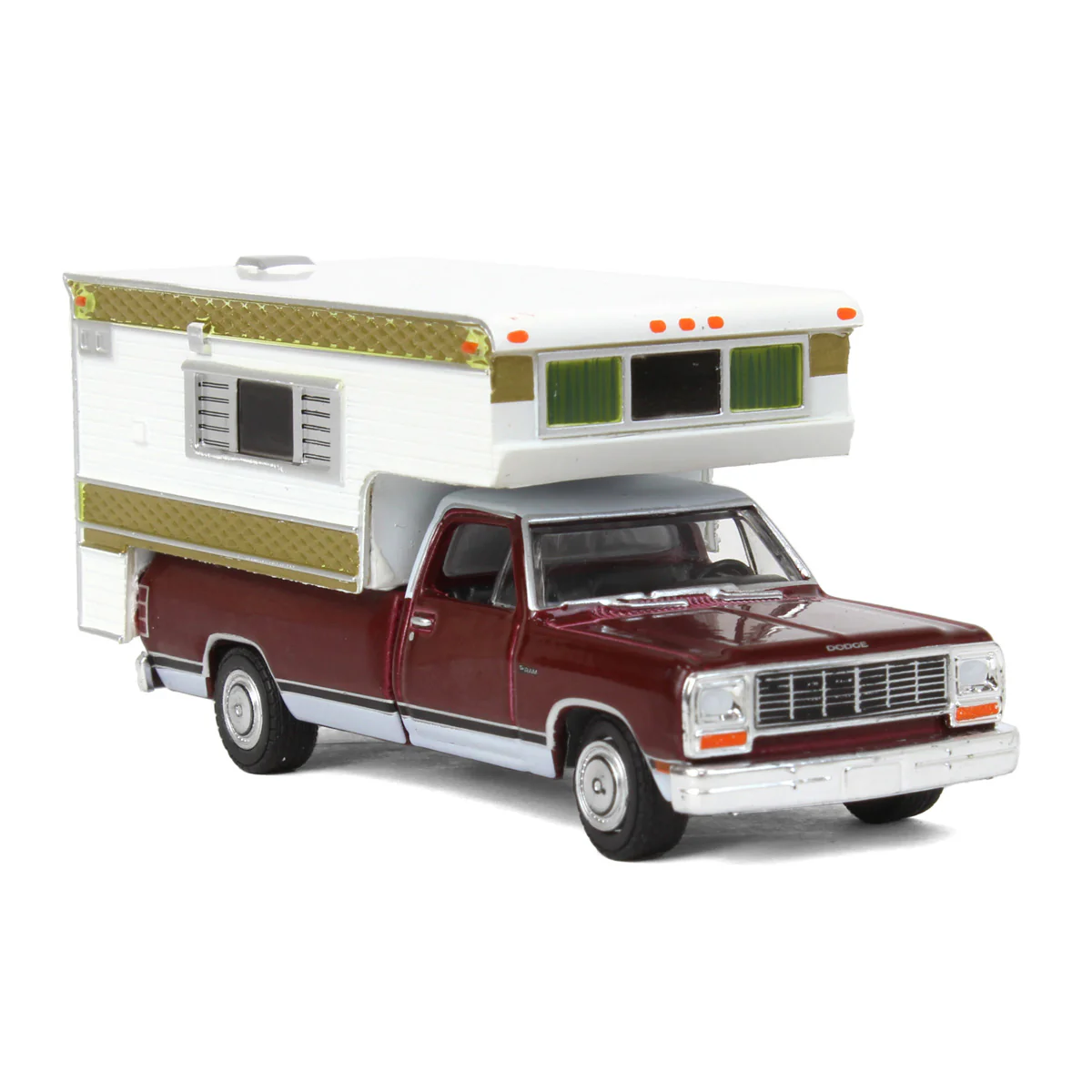 1/64 1981 Dodge Ram D-250 Royal with Large Camper by GreenLight Collectibles, Red & White - Image 2