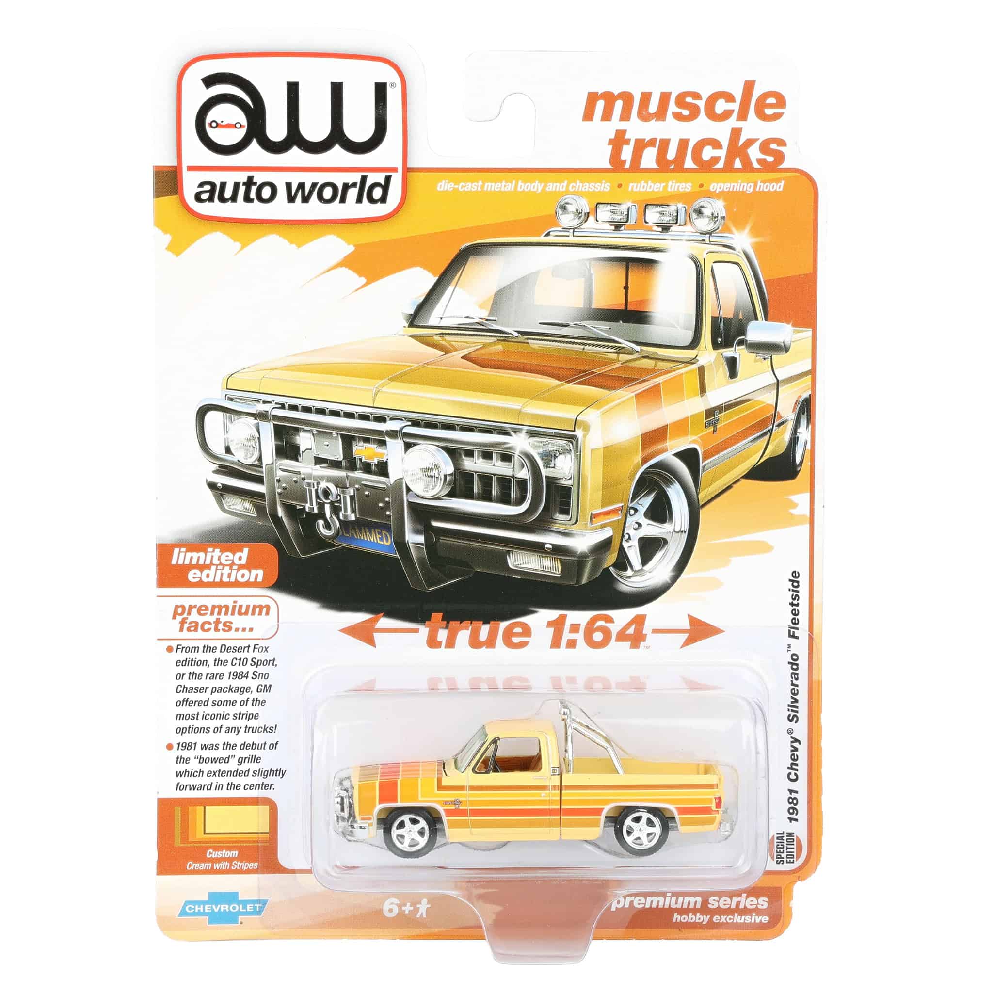 1/64 1981 Lowered Chevrolet Silverado Fleetside Pickup Truck, Cream with Custom Stripes, Auto World - Image 7