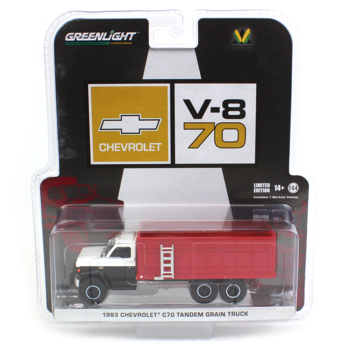 1/64 1983 Chevrolet C70 Tandem Grain Truck with Black/White Cab & Red Bed by GreenLight Collectibles - Image 5