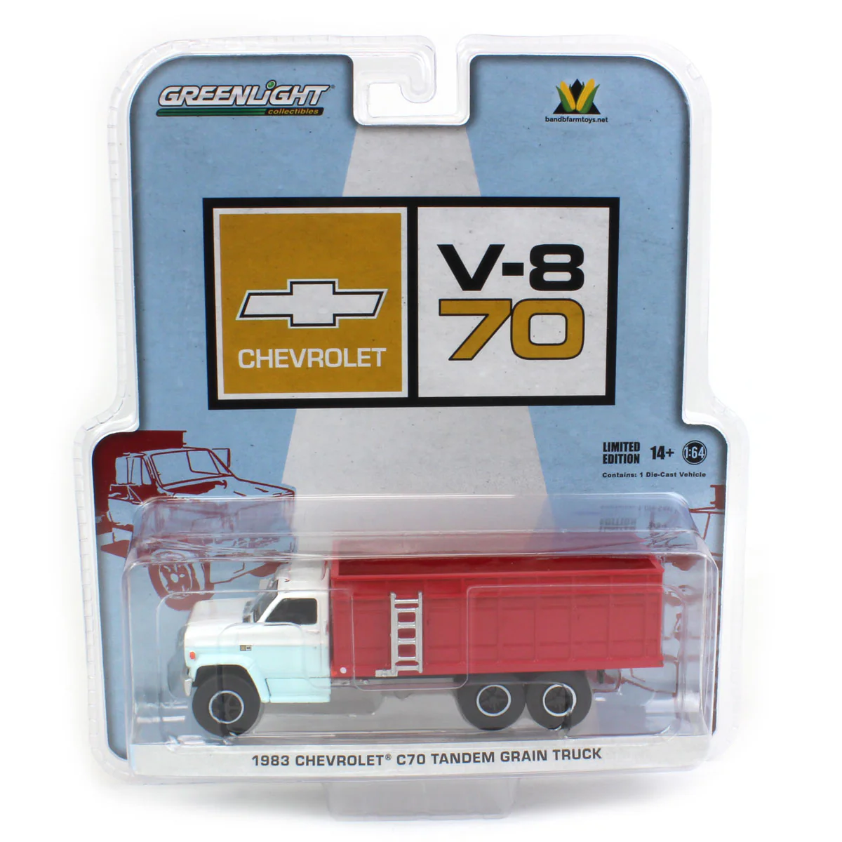 1/64 1983 Chevrolet C70 Tandem Grain Truck with Light Blue/White Cab & Red Bed by GreenLight Collectibles - Image 5
