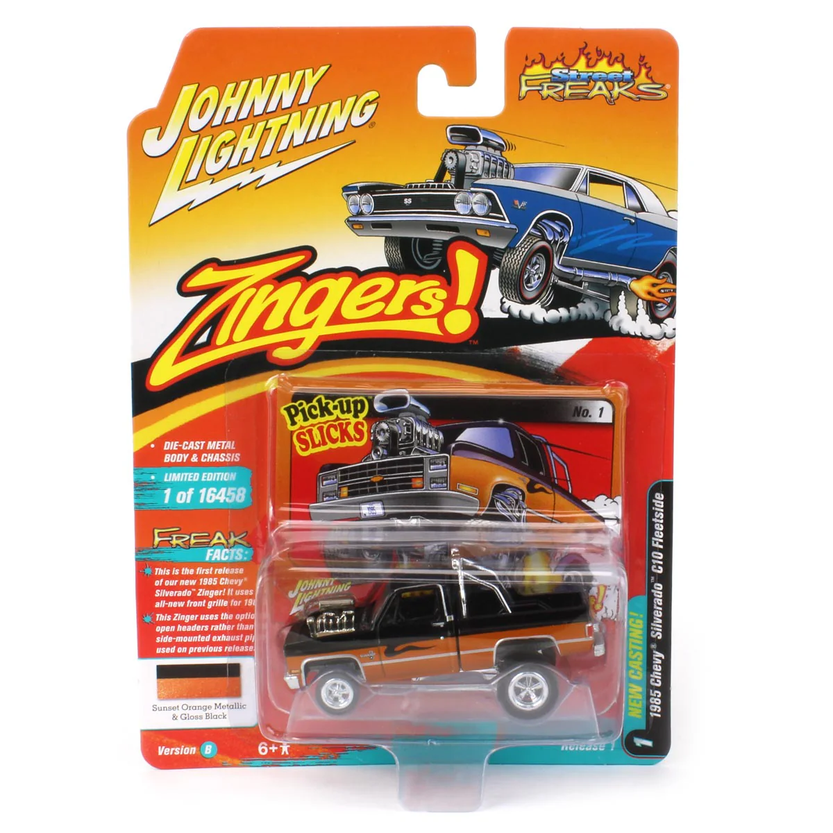 1/64 1985 Chevrolet Silverado, Black and Orange, Zingers, Johnny Lightning - Image 5