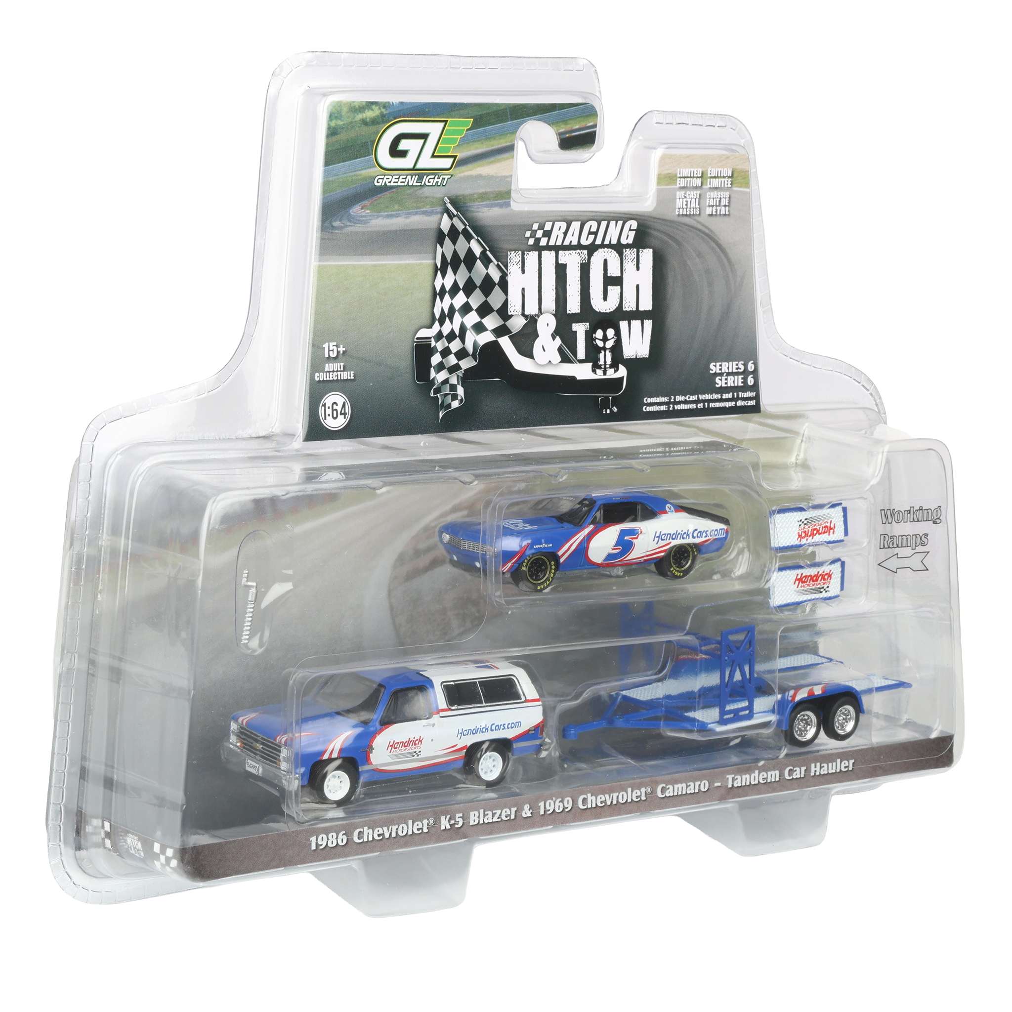 1/64 1986 Chevrolet K5 Blazer Silverado with Tandem Car Trailer & Kyle Larson #5 Hendrick Motorsports 1969 Chevrolet Camaro First Win Tribute - Image 2