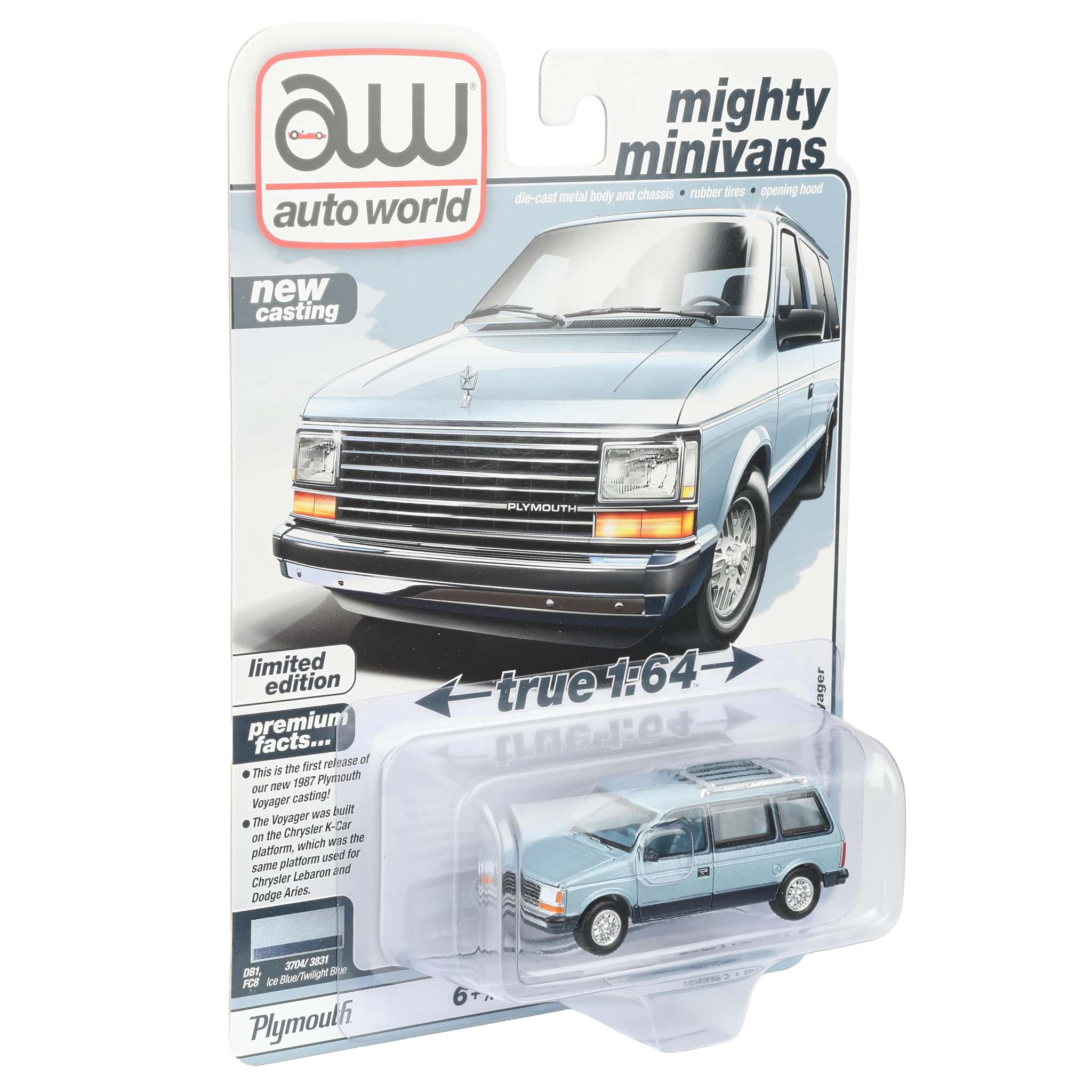 1/64 1987 Plymouth Voyager, Ice Blue & Twilight Blue, Auto World Mighty Minivans - Image 2