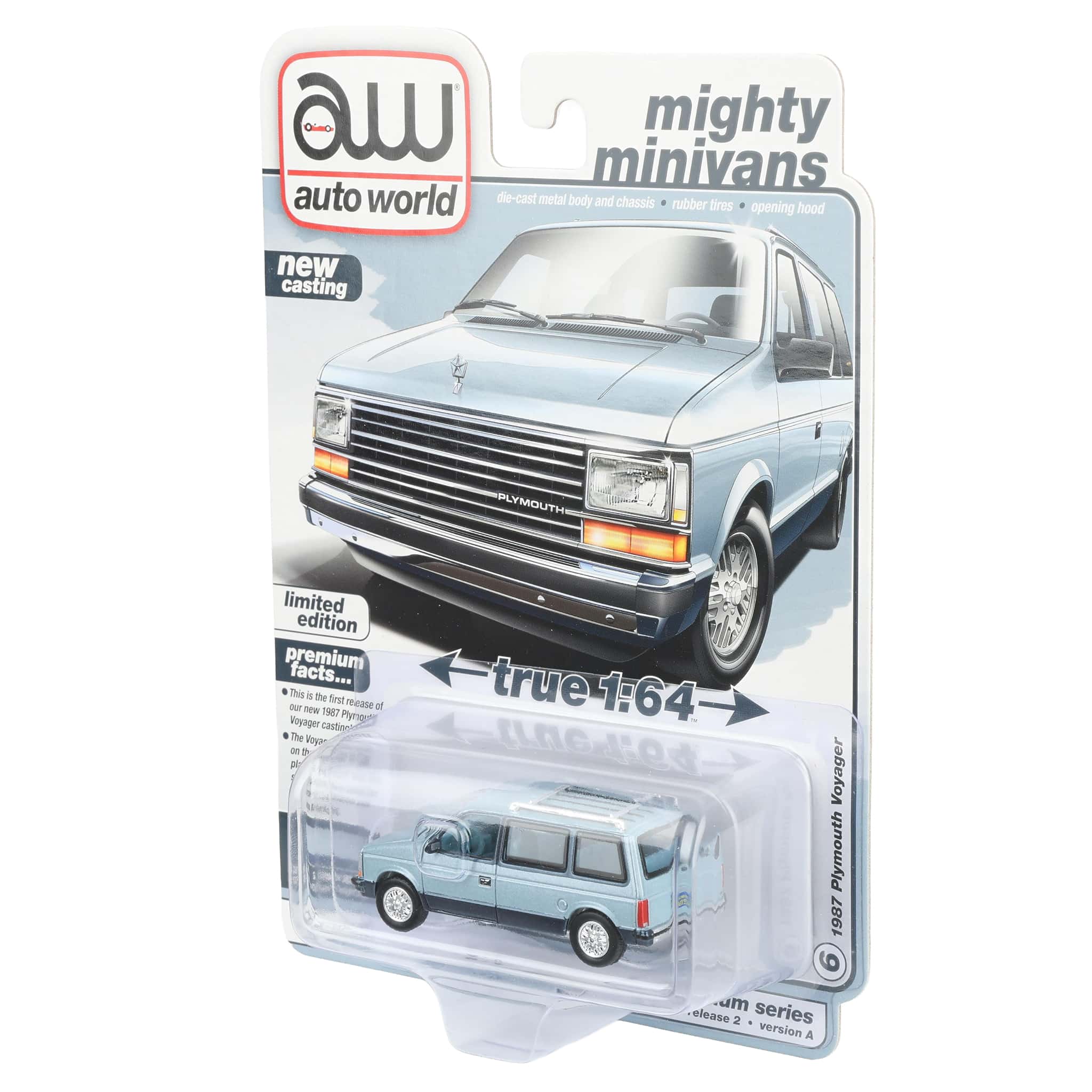 1/64 1987 Plymouth Voyager, Ice Blue & Twilight Blue, Auto World Mighty Minivans - Image 3