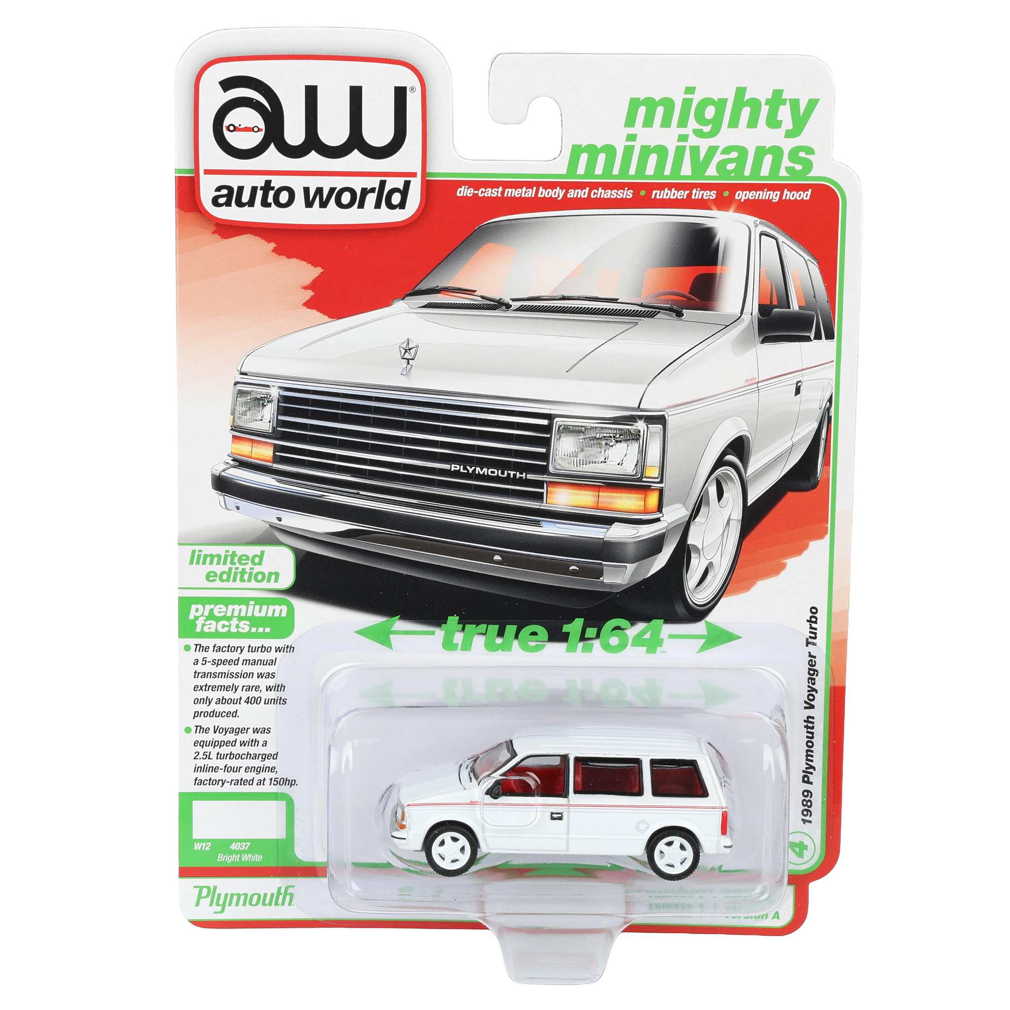 1/64 1989 Plymouth Voyager Turbo, Bright White, Auto World Mighty Minivans Series