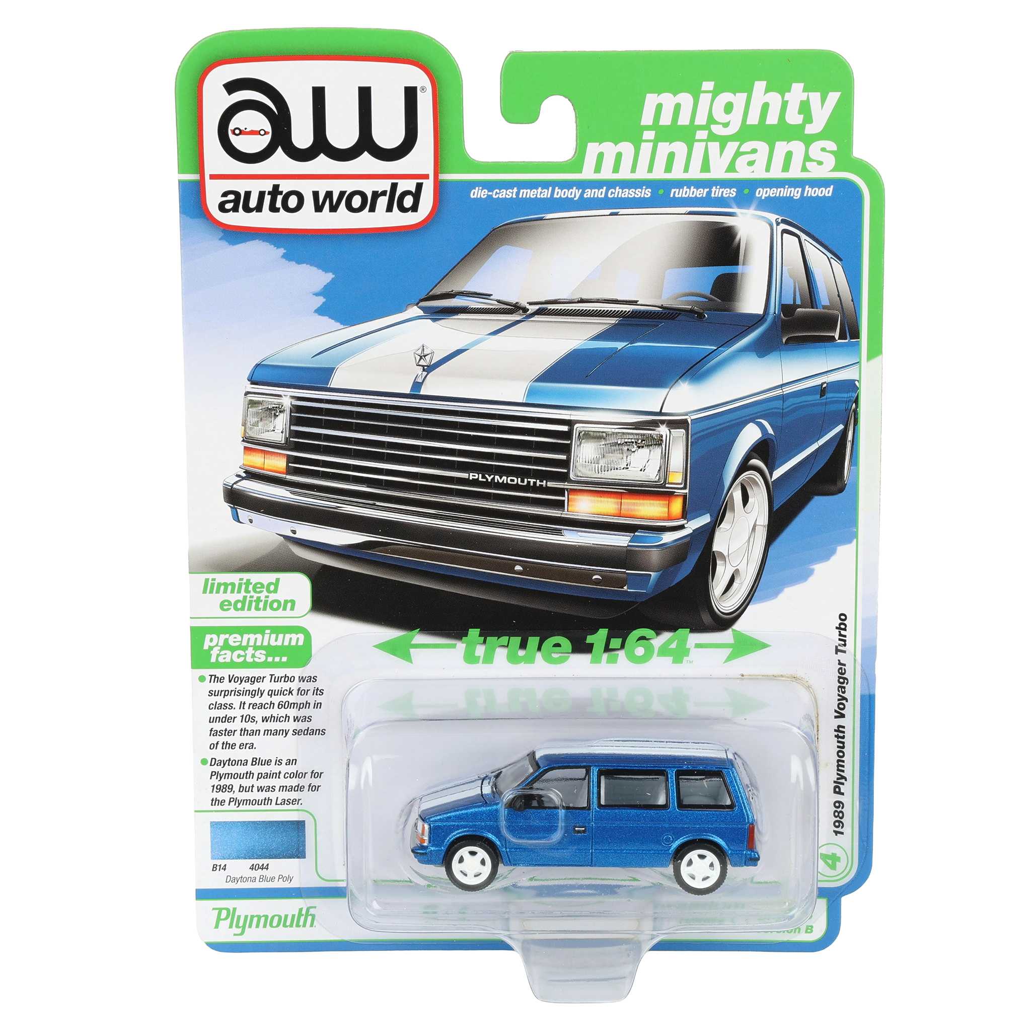 1/64 1989 Plymouth Voyager Turbo, Daytona Blue Poly, Auto World Mighty Minivans Series