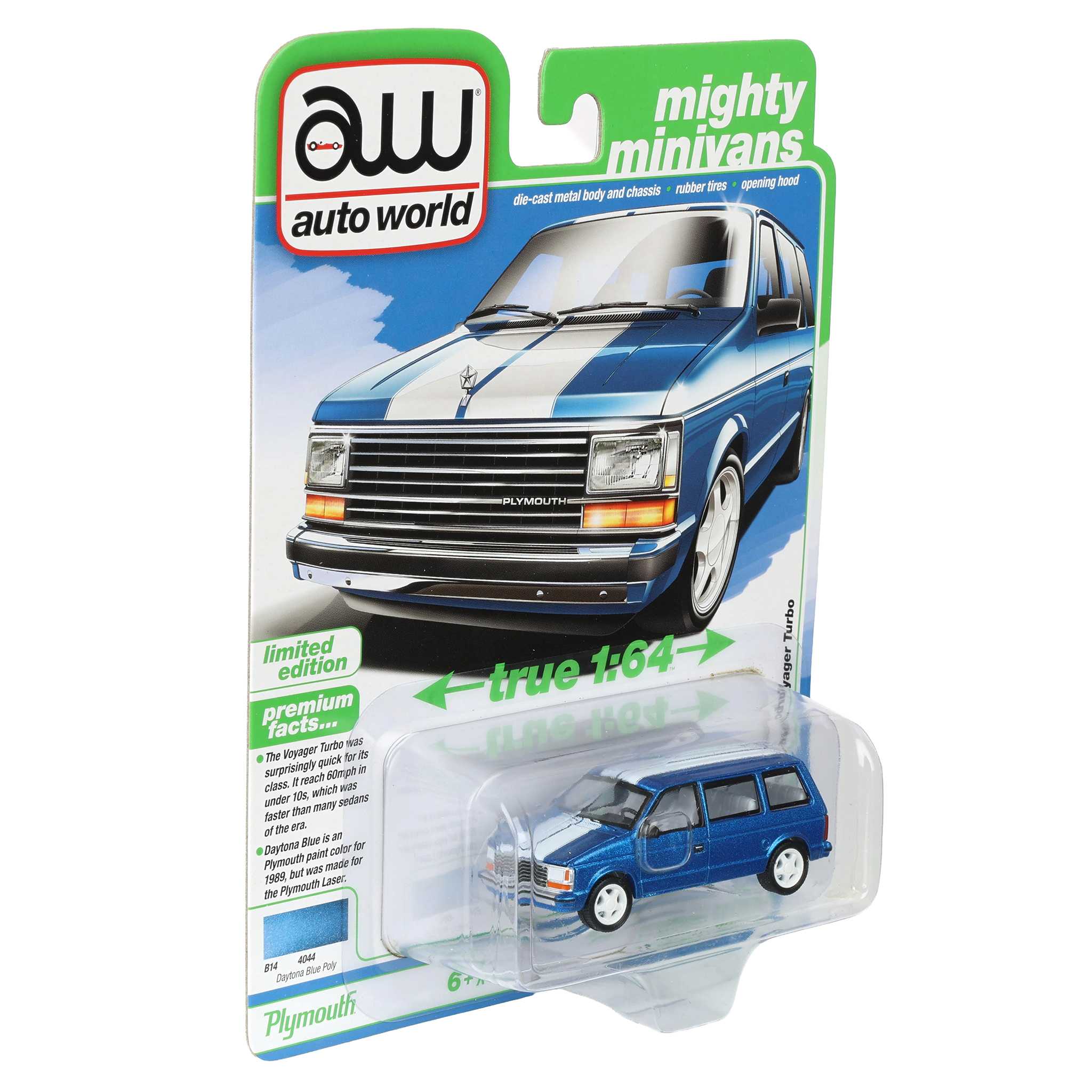 1/64 1989 Plymouth Voyager Turbo, Daytona Blue Poly, Auto World Mighty Minivans Series - Image 2