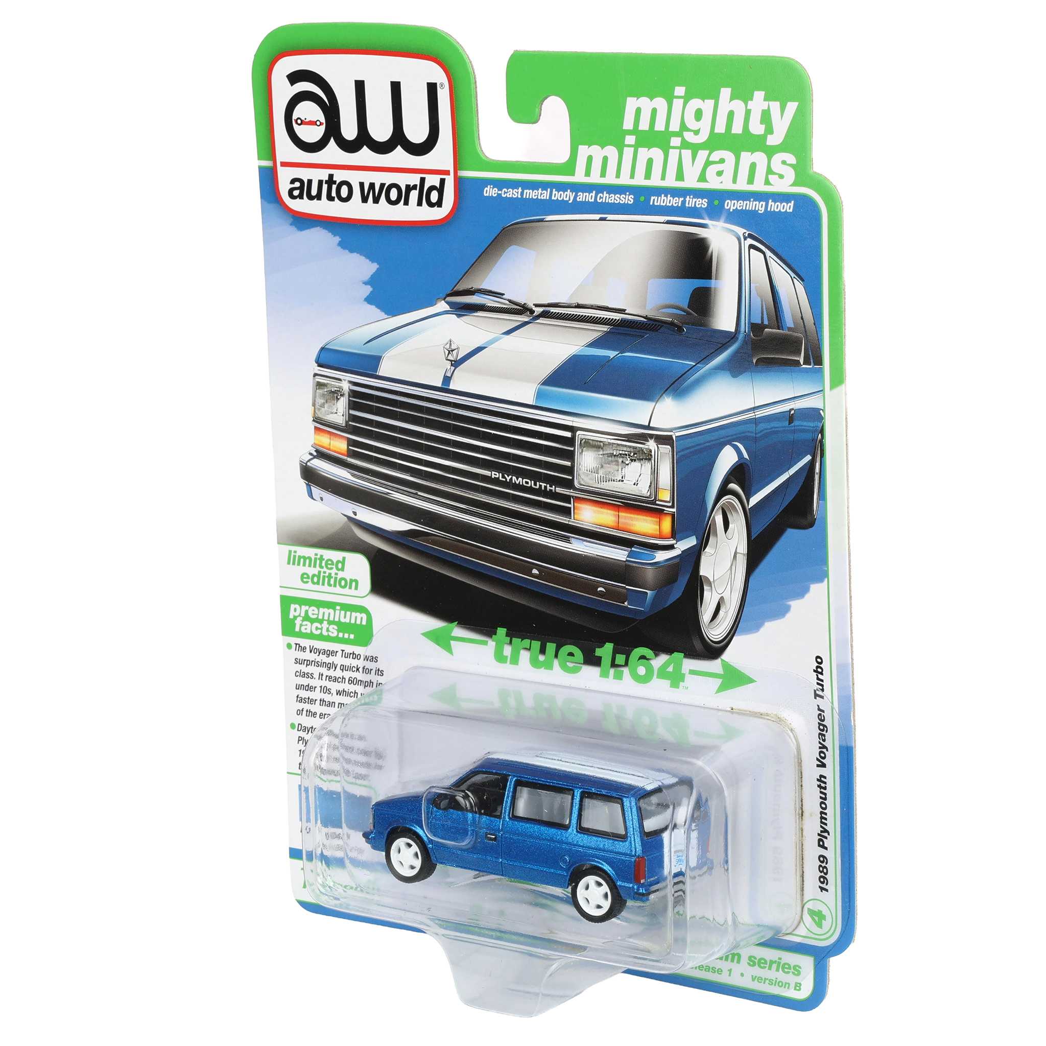1/64 1989 Plymouth Voyager Turbo, Daytona Blue Poly, Auto World Mighty Minivans Series - Image 3