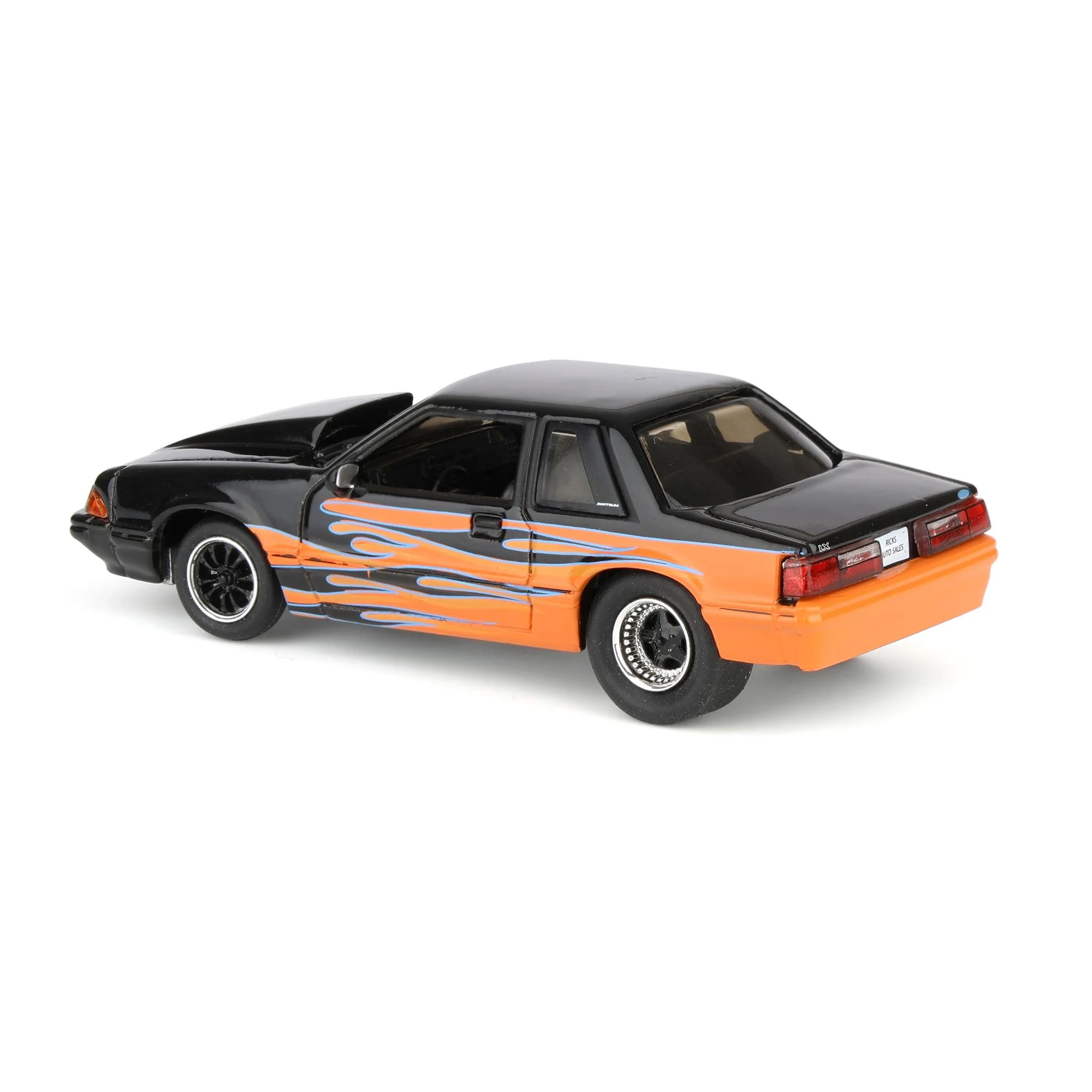 1/64 1990 Ford Mustang LX, Orange with Black Flames, Rick's Auto Sales Series 2 by GreenLight Collectibles - Image 4