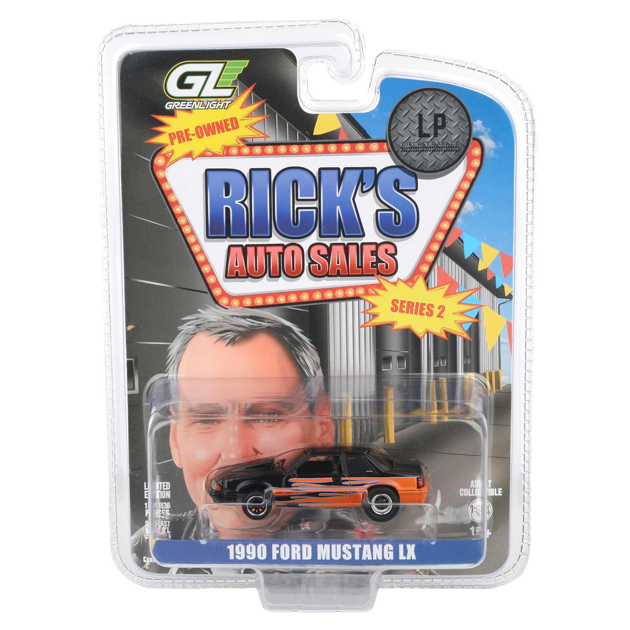1/64 1990 Ford Mustang LX, Orange with Black Flames, Rick's Auto Sales Series 2 by GreenLight Collectibles - Image 7