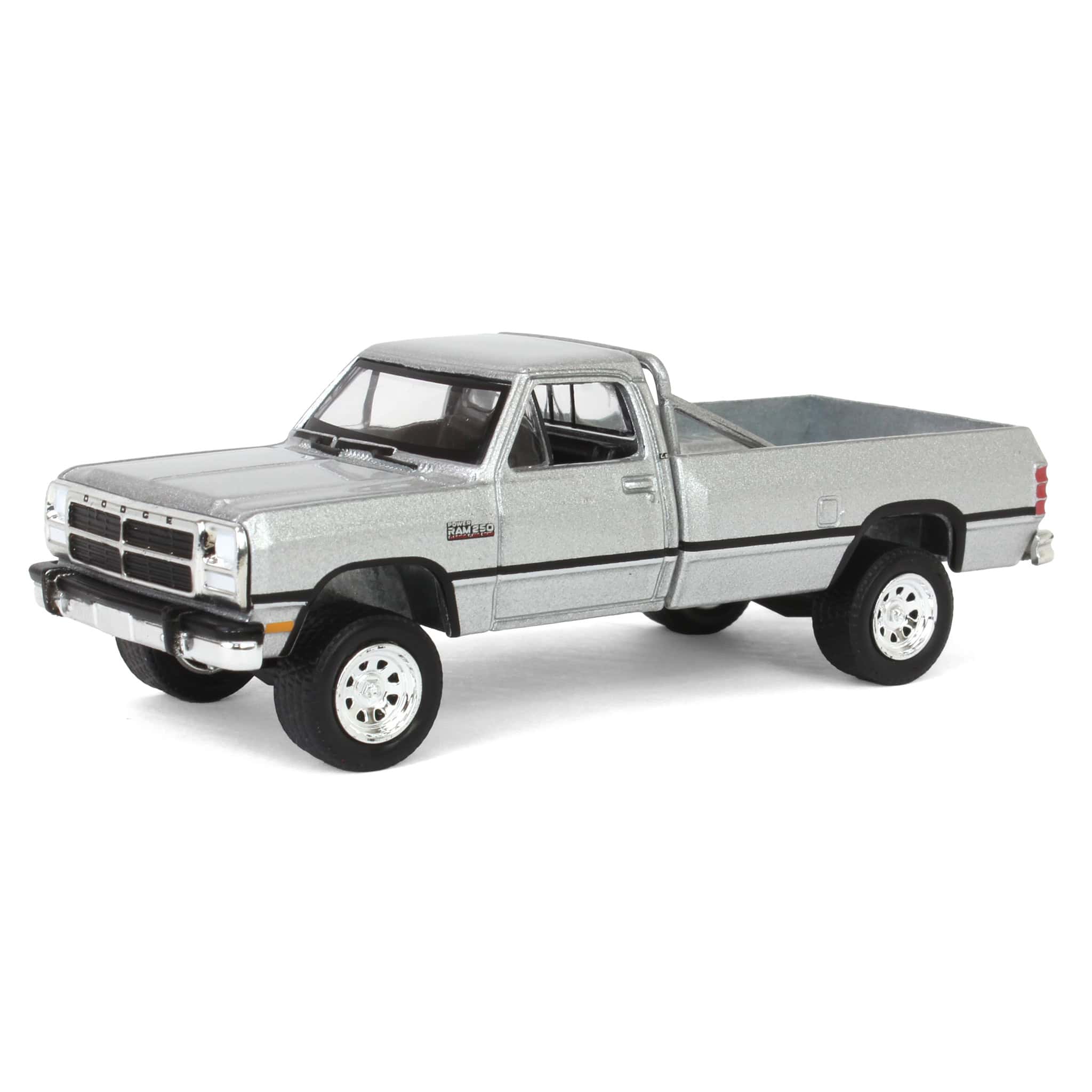 1/64 1992 Dodge Ram D250 Power Ram Lifted Pickup Truck with Rollbar, Sterling Silver, All-Terrain Series 16