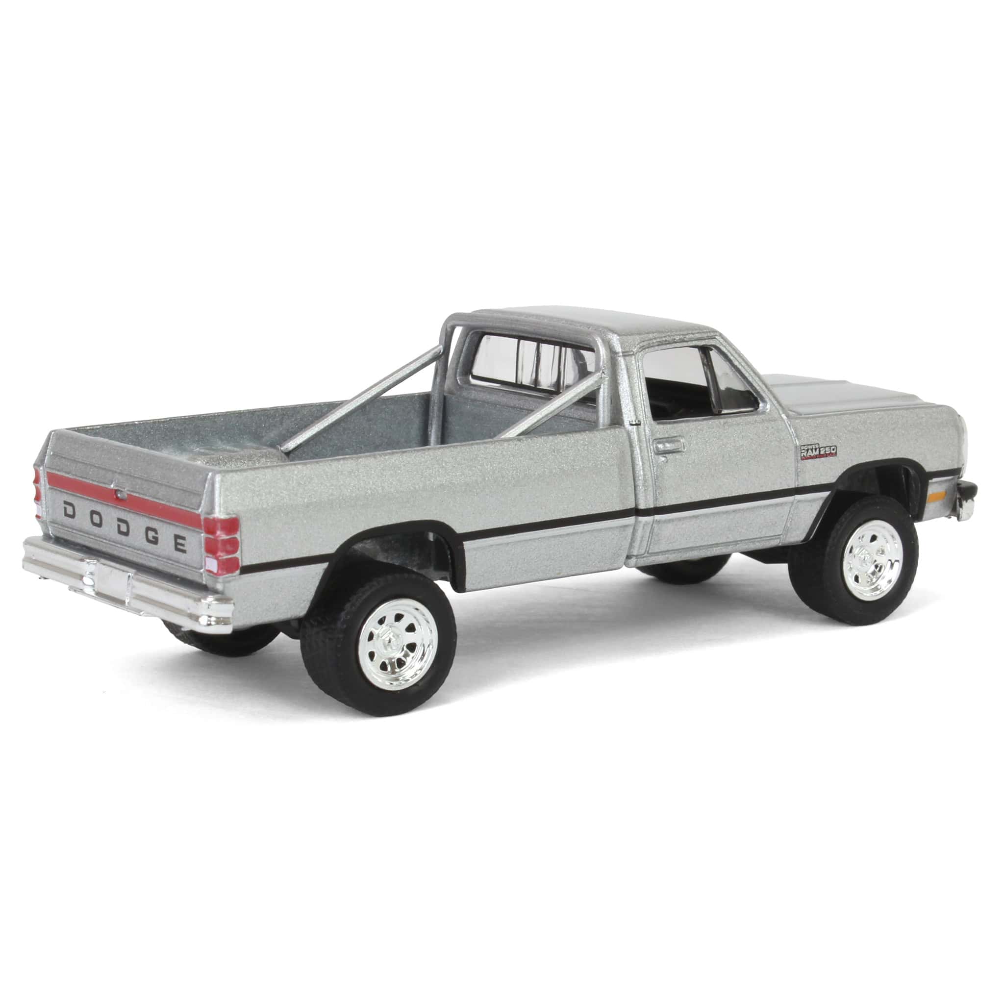 1/64 1992 Dodge Ram D250 Power Ram Lifted Pickup Truck with Rollbar, Sterling Silver, All-Terrain Series 16 - Image 4