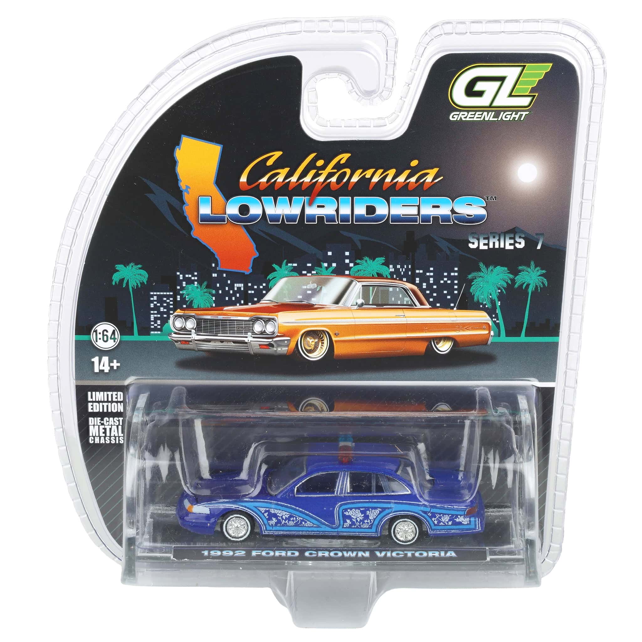 1/64 1992 Ford Crown Victoria Lowrider, Blue with Lightbar, California Lowriders Series 7 - Image 7