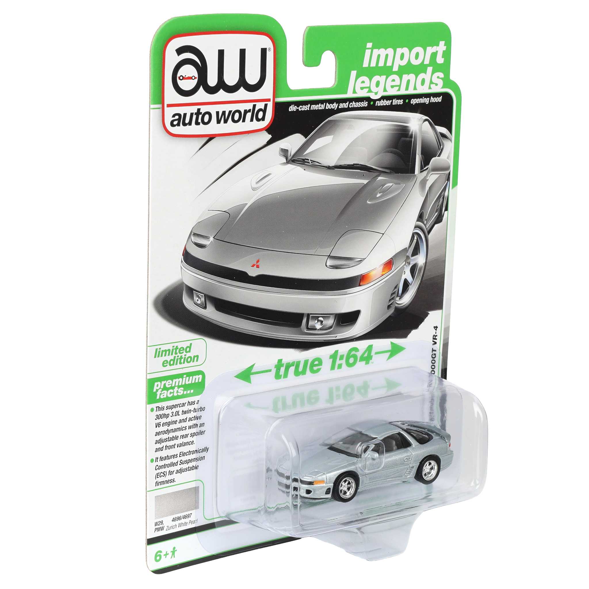 1/64 1993 Mitsubishi 3000GT VR-4, Zurich White Pearl, Auto World Import Legends Series - Image 2