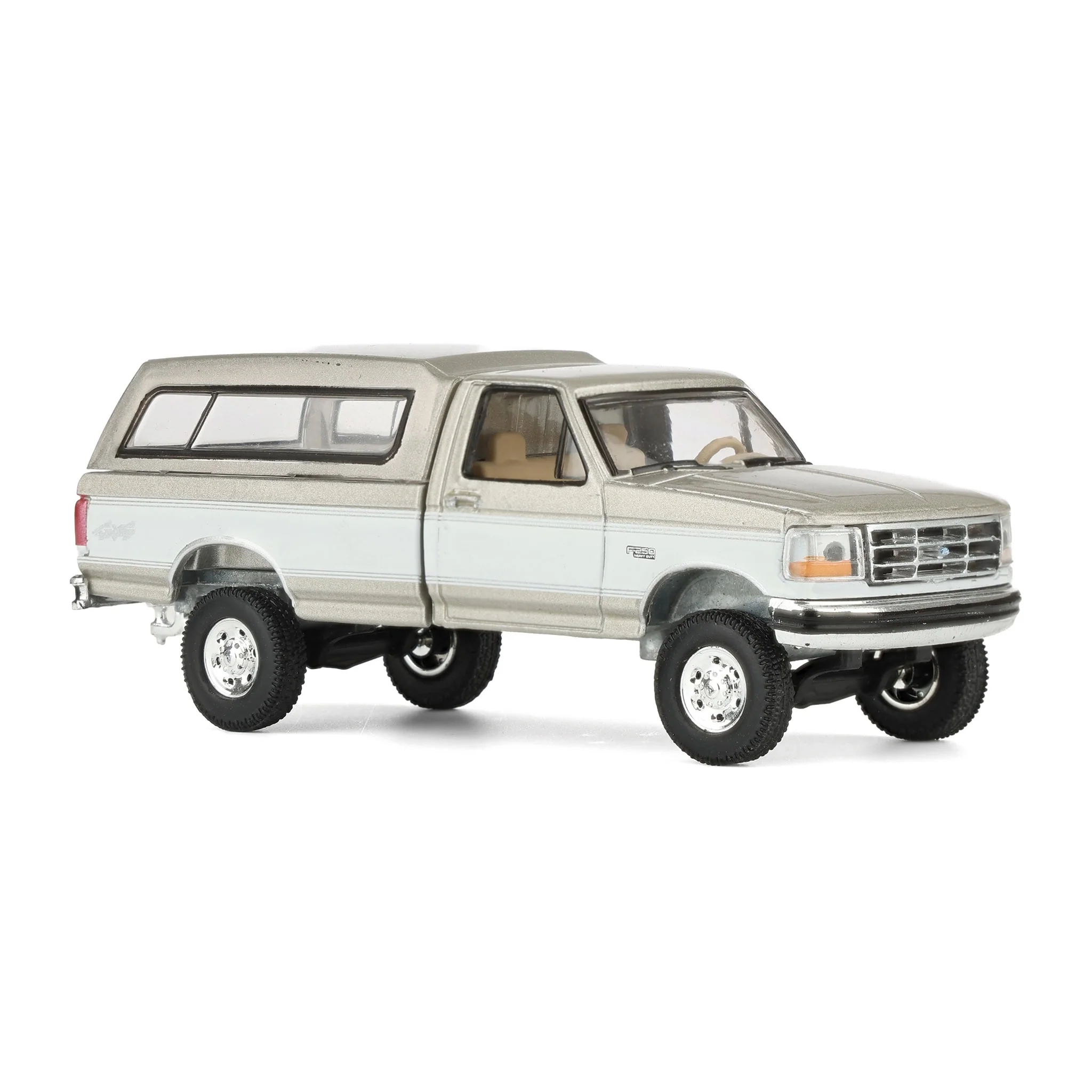 1/64 1997 Ford F-250 4x4 Pickup Truck with Bed Cap, Beige & White, Rick's Auto Sales, LP Diecast Exclusive - Image 2