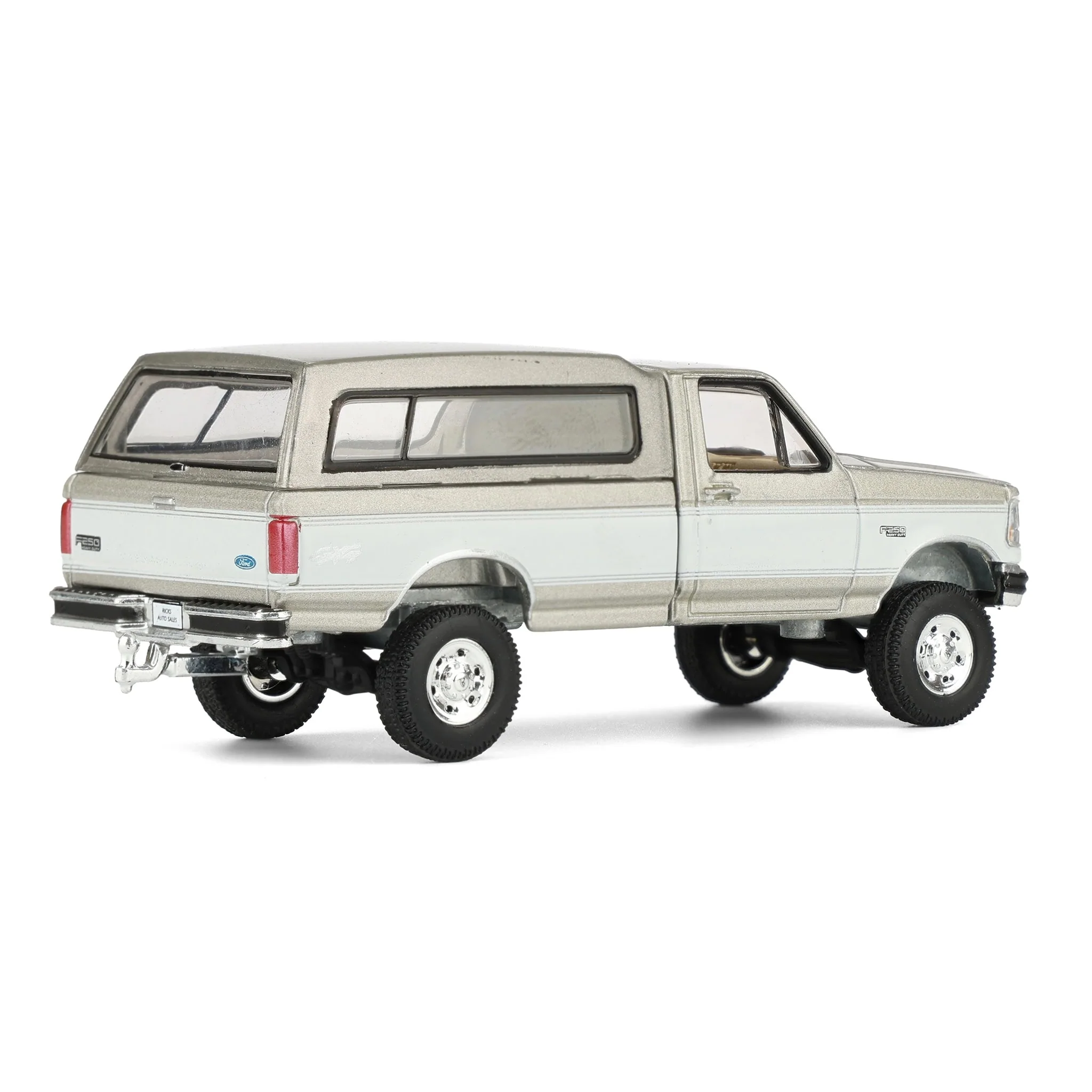 1/64 1997 Ford F-250 4x4 Pickup Truck with Bed Cap, Beige & White, Rick's Auto Sales, LP Diecast Exclusive - Image 3