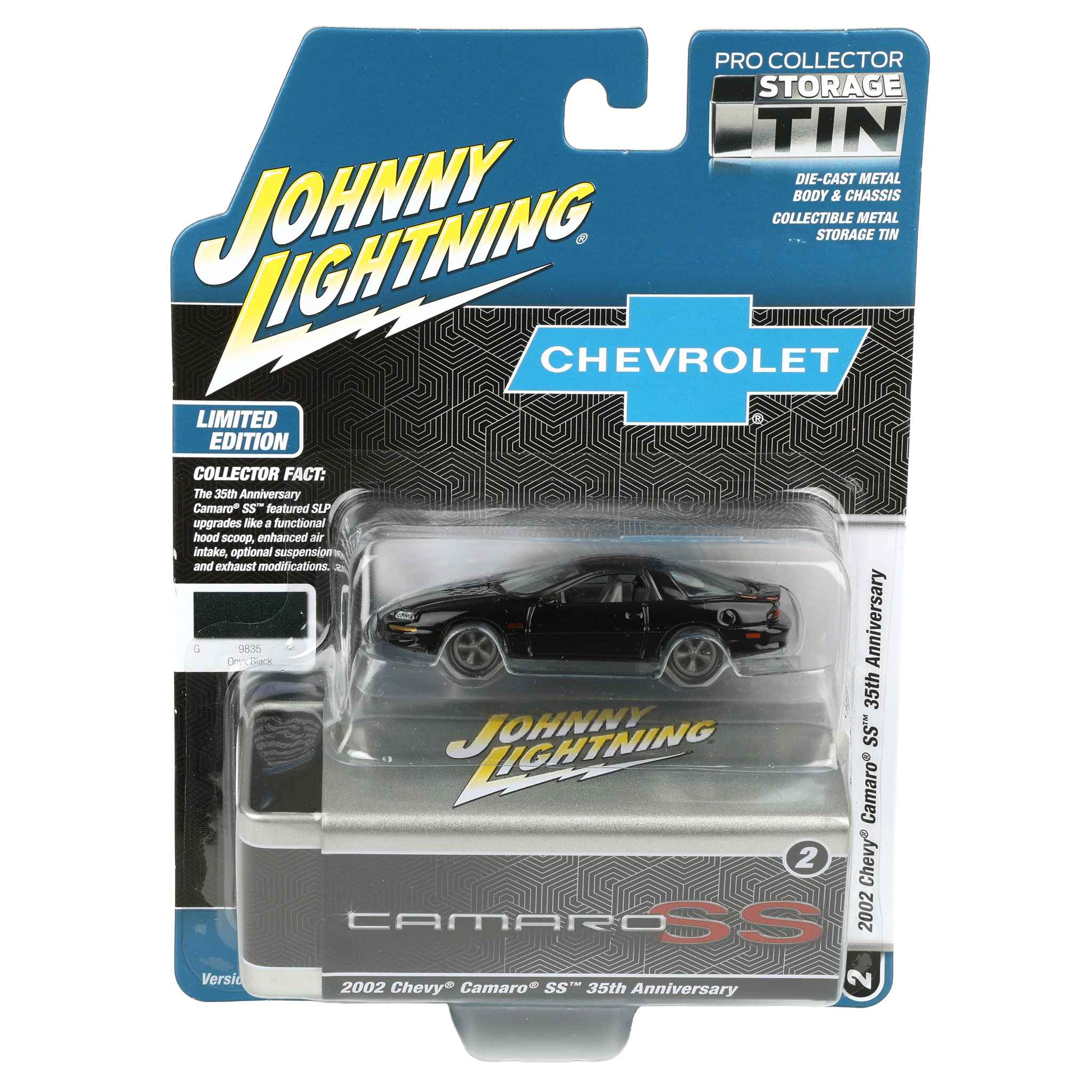 1/64 2002 Chevy Camaro SS 35th Anniversary, Onyx Black, Johnny Lightning Collector Tin Series
