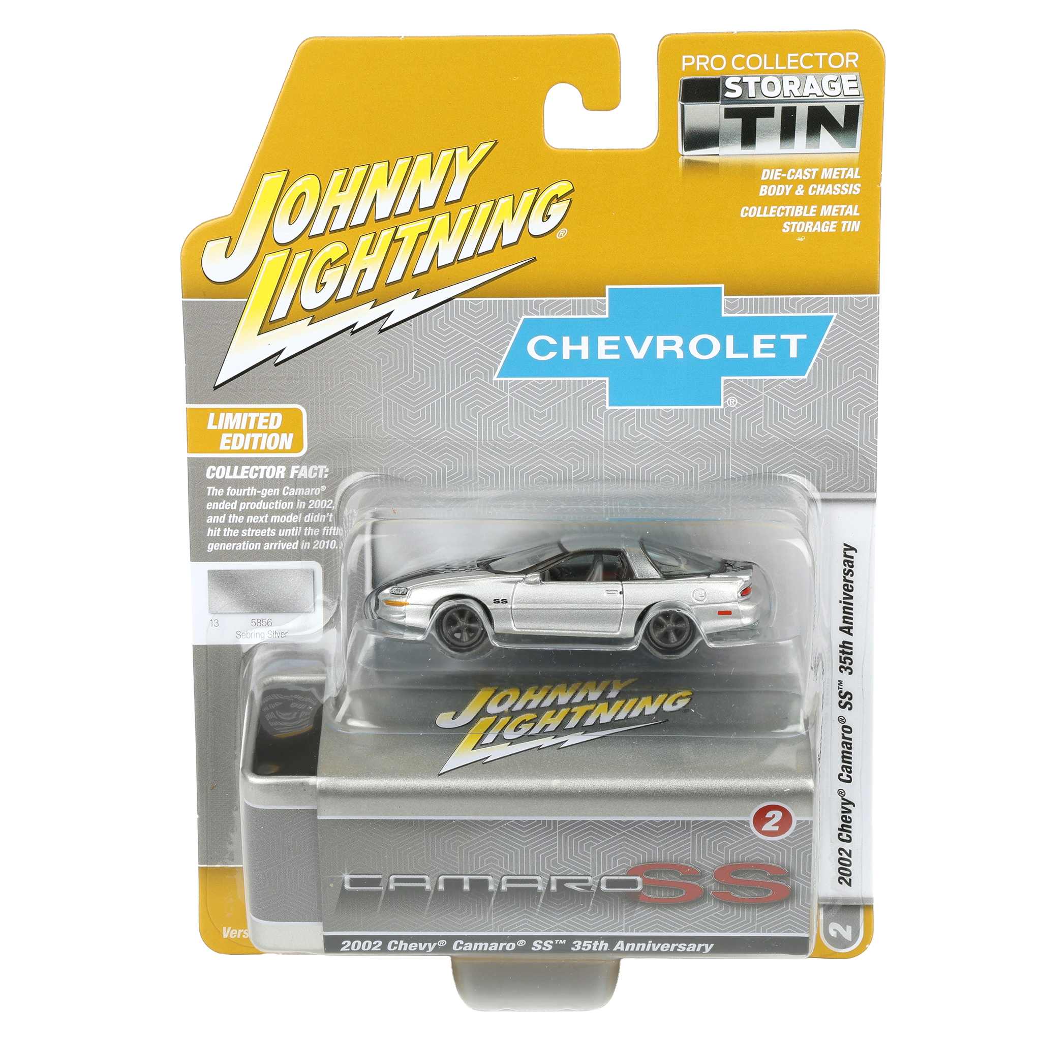 1/64 2002 Chevy Camaro SS 35th Anniversary, Sebring Silver, Johnny Lightning Collector Tin Series