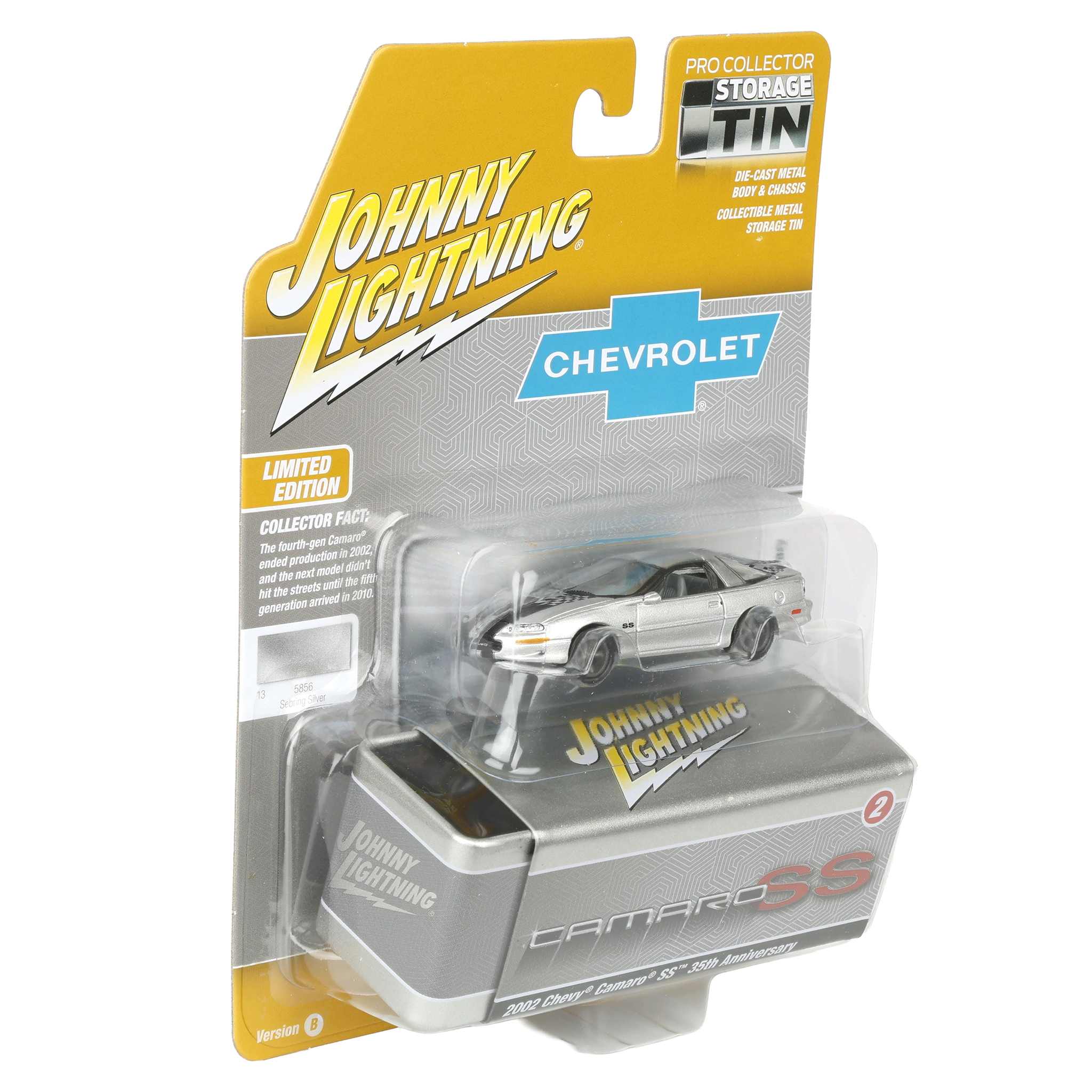 1/64 2002 Chevy Camaro SS 35th Anniversary, Sebring Silver, Johnny Lightning Collector Tin Series - Image 2